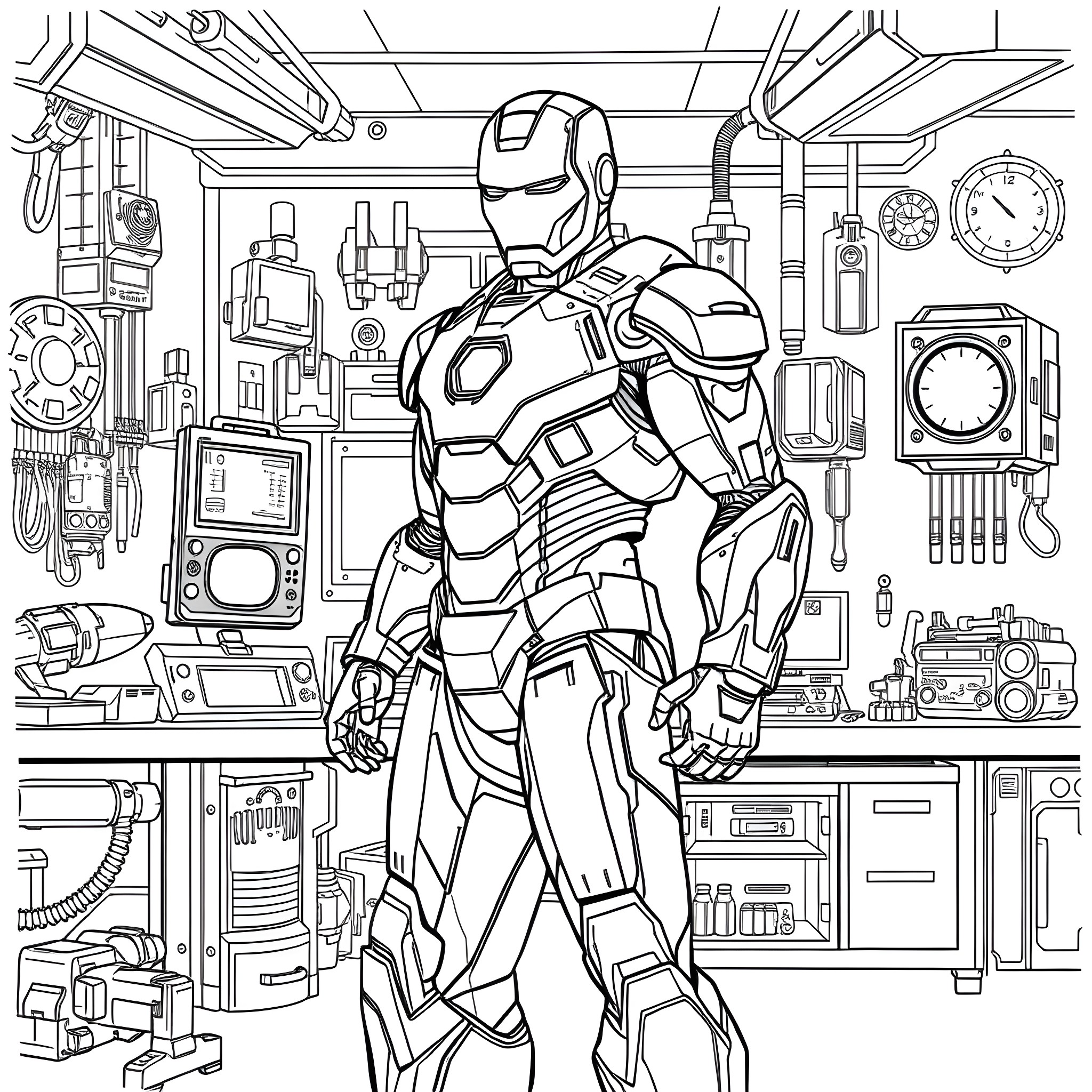 Iron Man in a high-tech workshop Coloring Page (free black-and-white line drawing printable PDF for all, from beginners to advanced learners, including children, teens, adults, and seniors)
