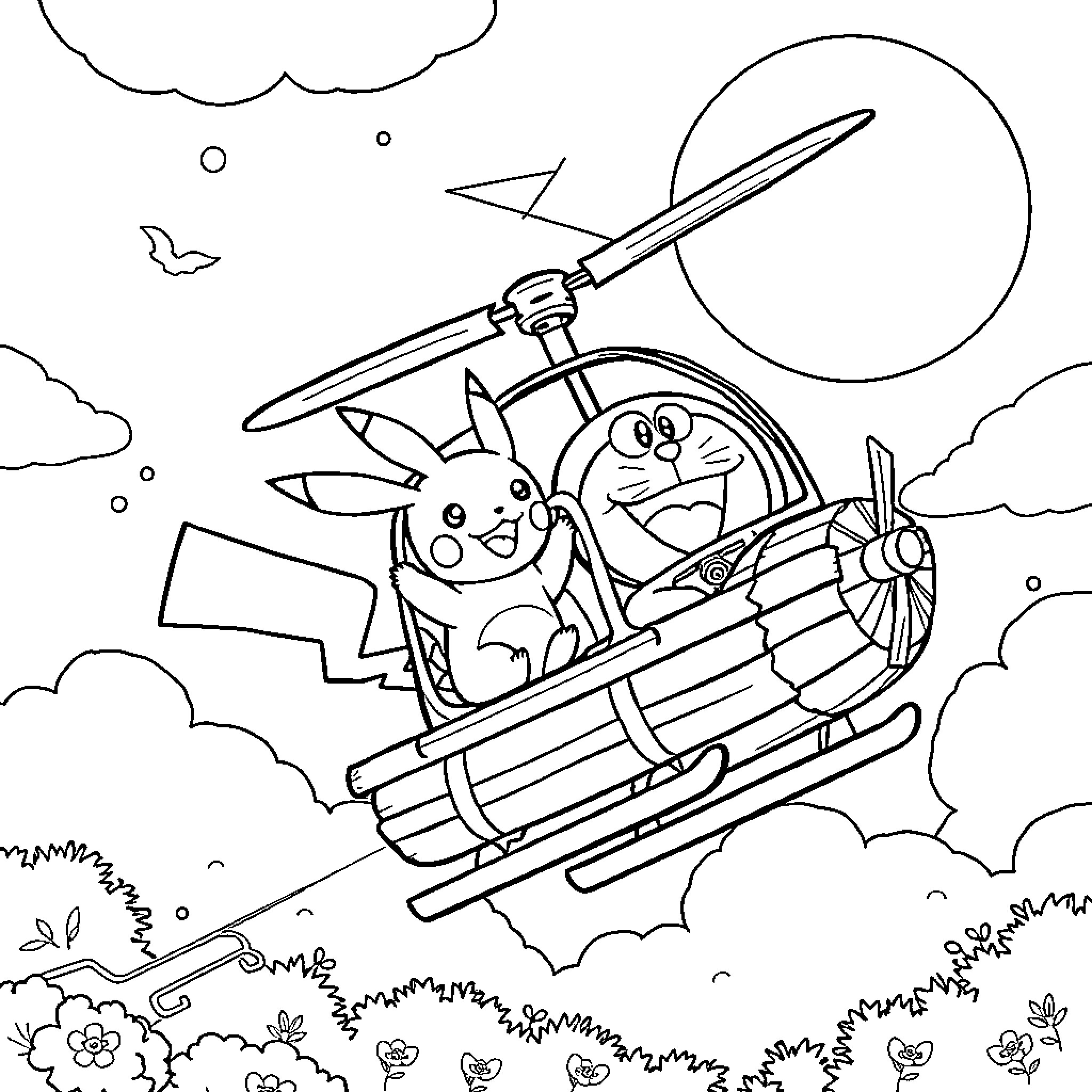 Pikachu riding a Helicopter in the sky Coloring Page (free black-and-white line drawing printable PDF for all, from beginners to advanced learners, including children, teens, adults, and seniors)