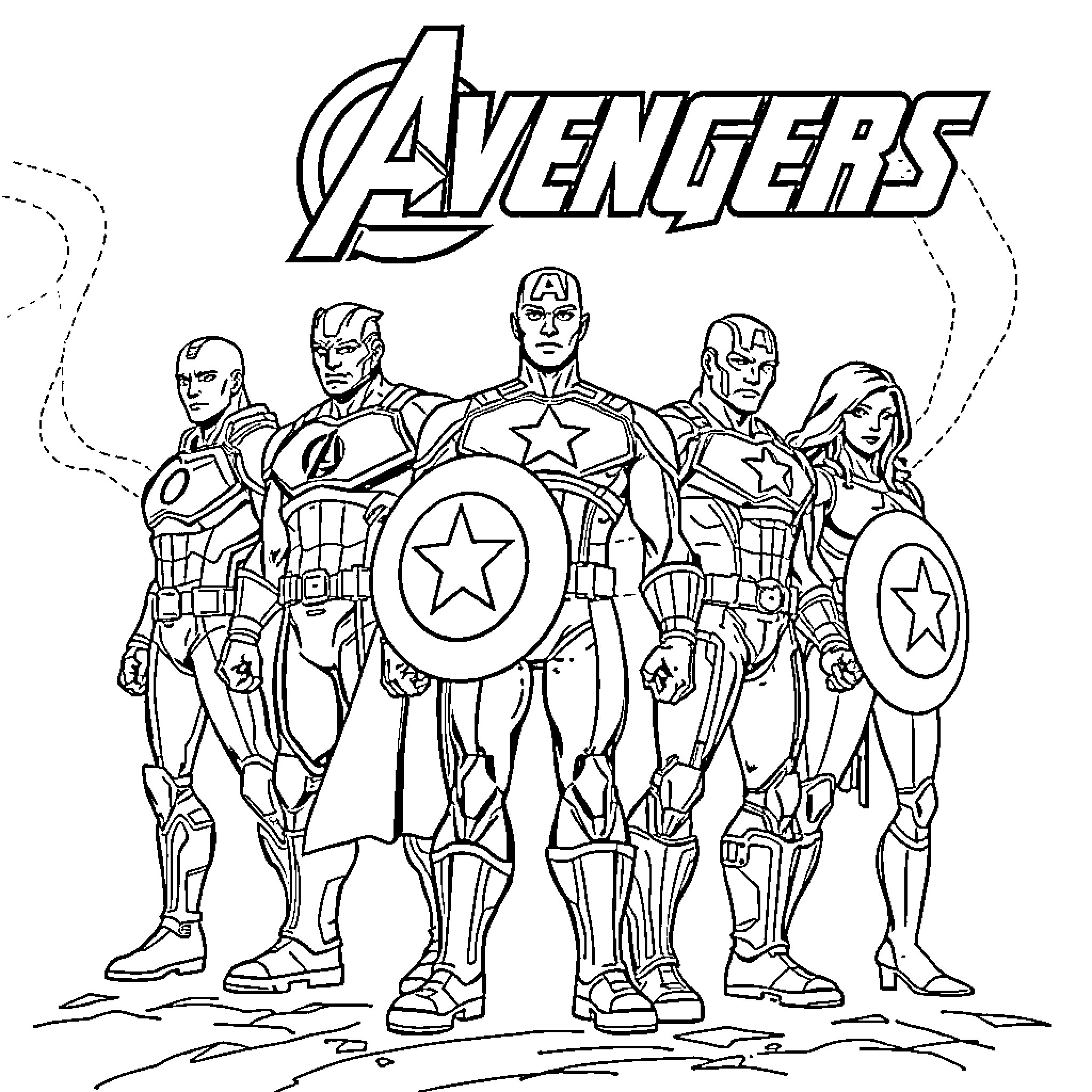 Avengers heroic team assembling for action Coloring Page (free black-and-white line drawing printable PDF for all, from beginners to advanced learners, including children, teens, adults, and seniors)
