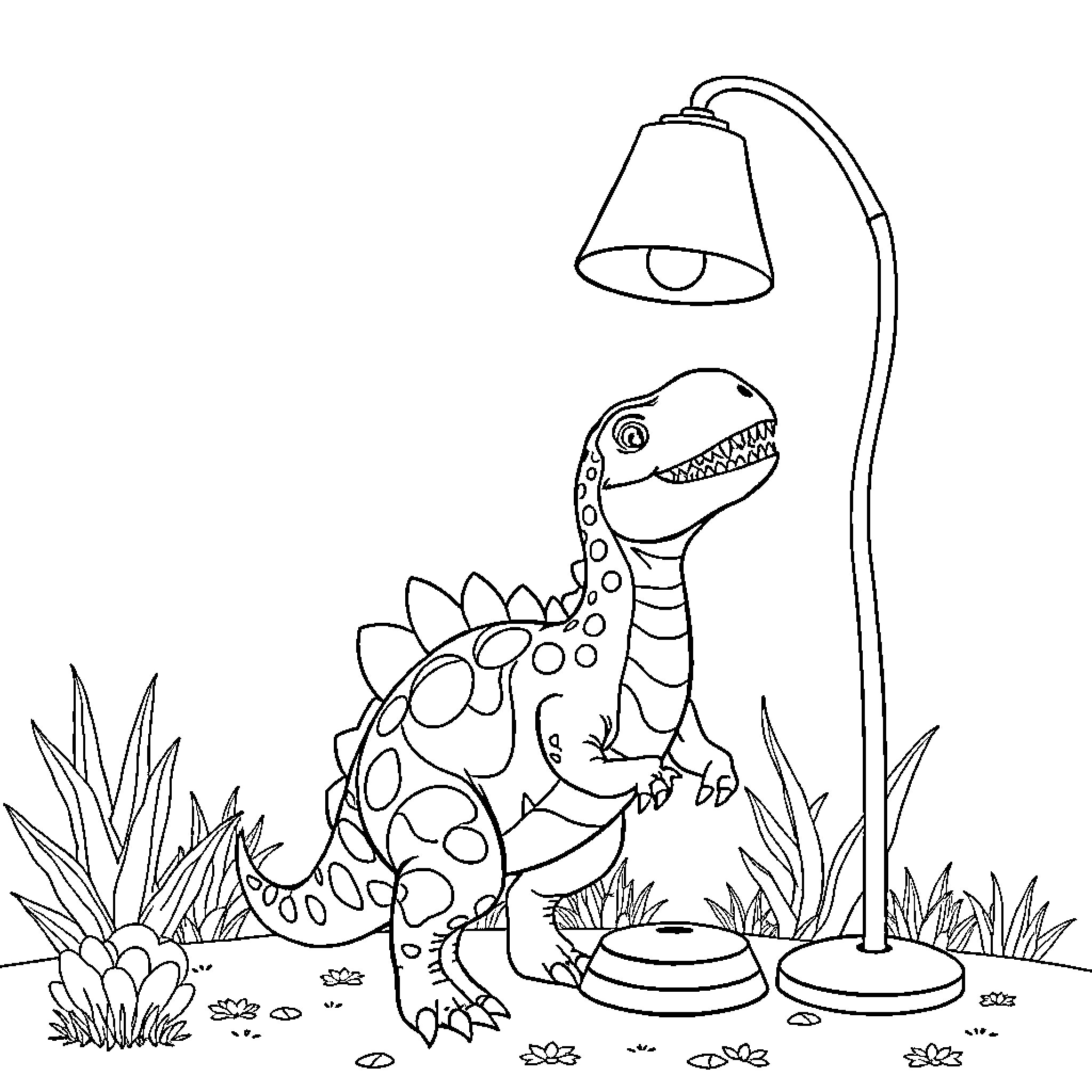 Dinosaur exploring a backyard scene Coloring Page (free black-and-white line drawing printable PDF for all, from beginners to advanced learners, including children, teens, adults, and seniors)
