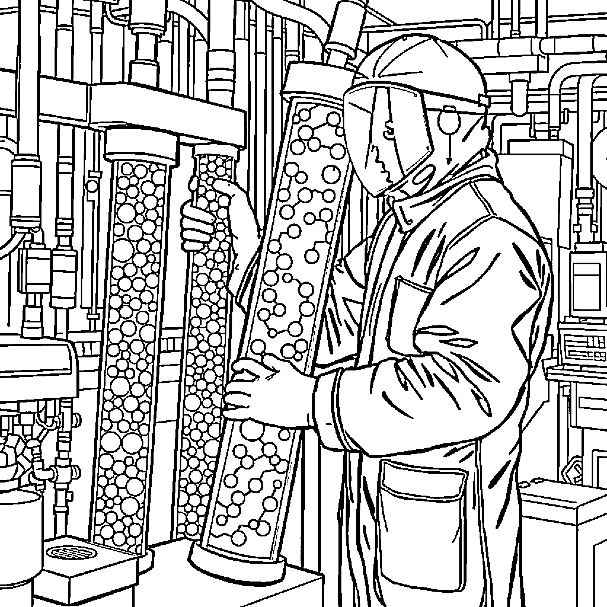 Bioprocess Suit Inspection in Laboratory Environment Coloring Page (free black-and-white line drawing printable PDF for all, from beginners to advanced learners, including children, teens, adults, and seniors)