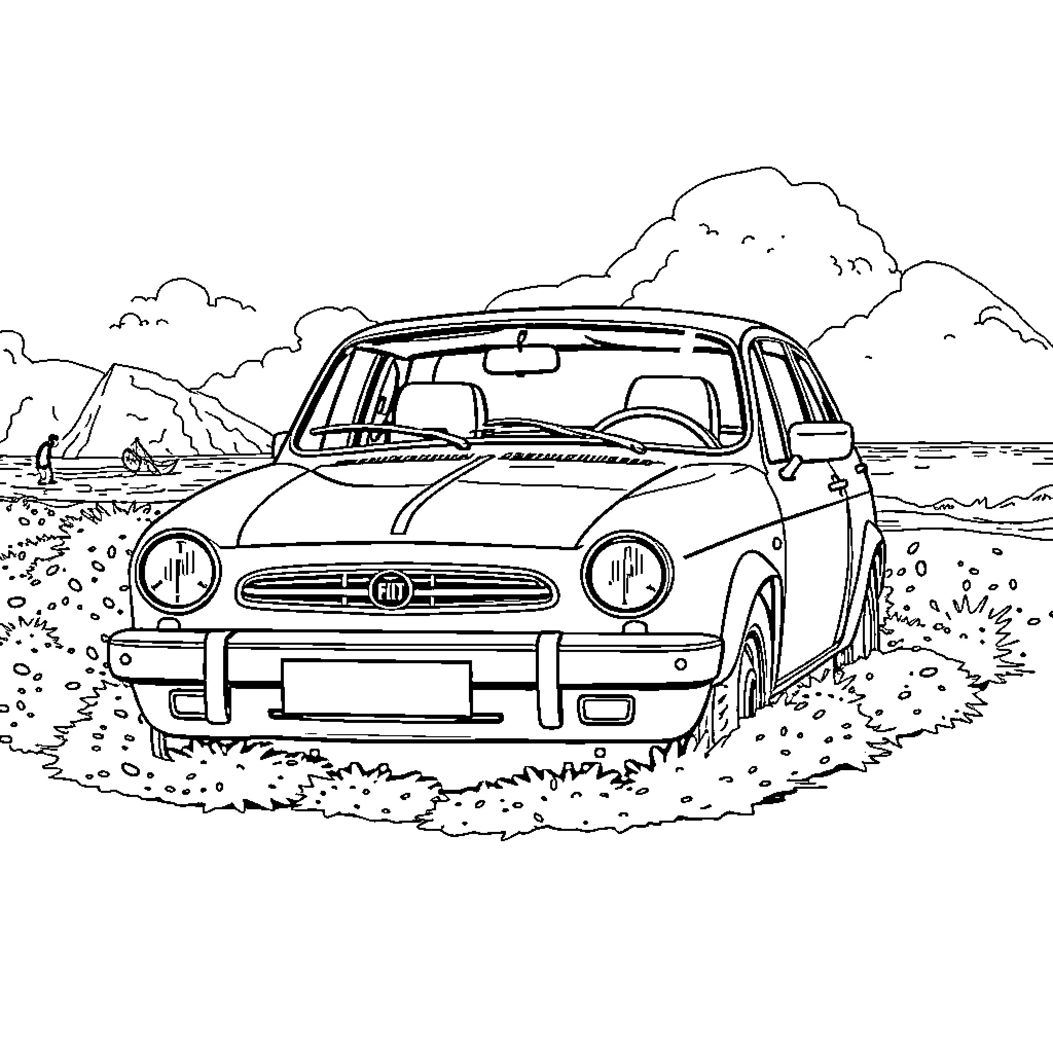 Fiat Vintage Car Parked in Scenic Landscape Coloring Page (free black-and-white line drawing printable PDF for all, from beginners to advanced learners, including children, teens, adults, and seniors)