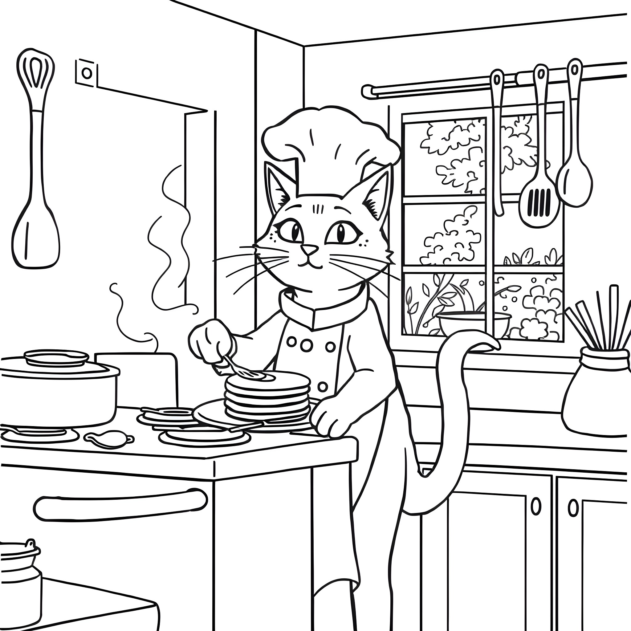Cat Chef cooking in the kitchen Coloring Page (free black-and-white line drawing printable PDF for all, from beginners to advanced learners, including children, teens, adults, and seniors)