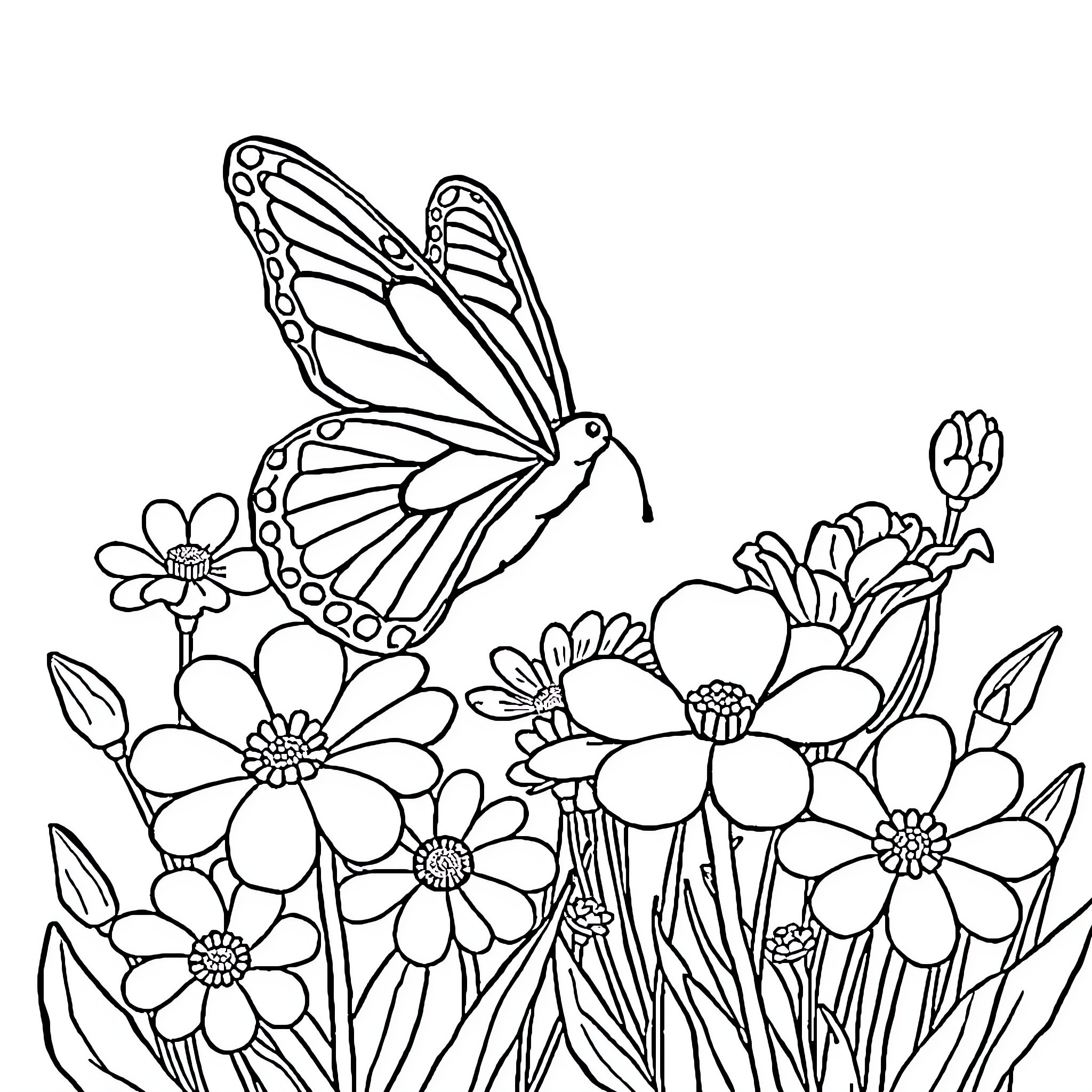 Flower Butterfly Floating Amid Blooming Flowers Coloring Page (free black-and-white line drawing printable PDF for all, from beginners to advanced learners, including children, teens, adults, and seniors)