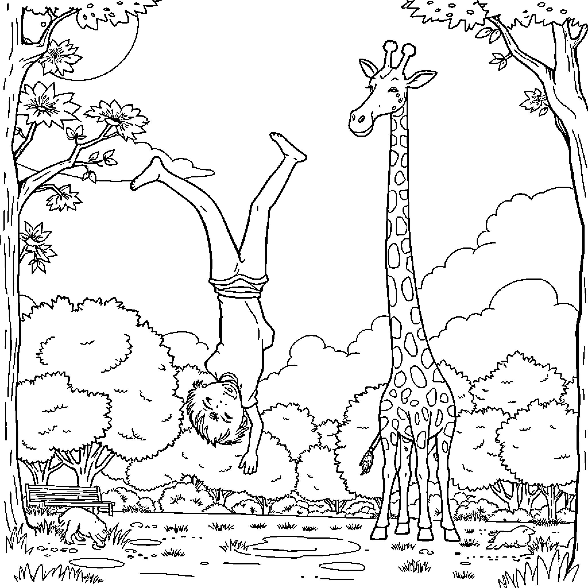 Kid exploring the wildlife in the forest Coloring Page (free black-and-white line drawing printable PDF for all, from beginners to advanced learners, including children, teens, adults, and seniors)