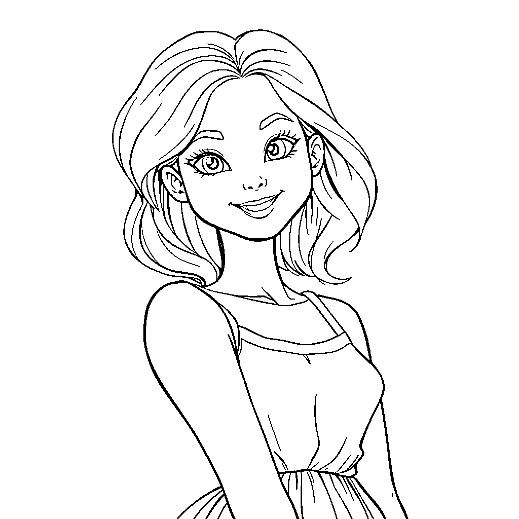 Lady in Smiling Portrait Coloring Page (free black-and-white line drawing printable PDF for all, from beginners to advanced learners, including children, teens, adults, and seniors)