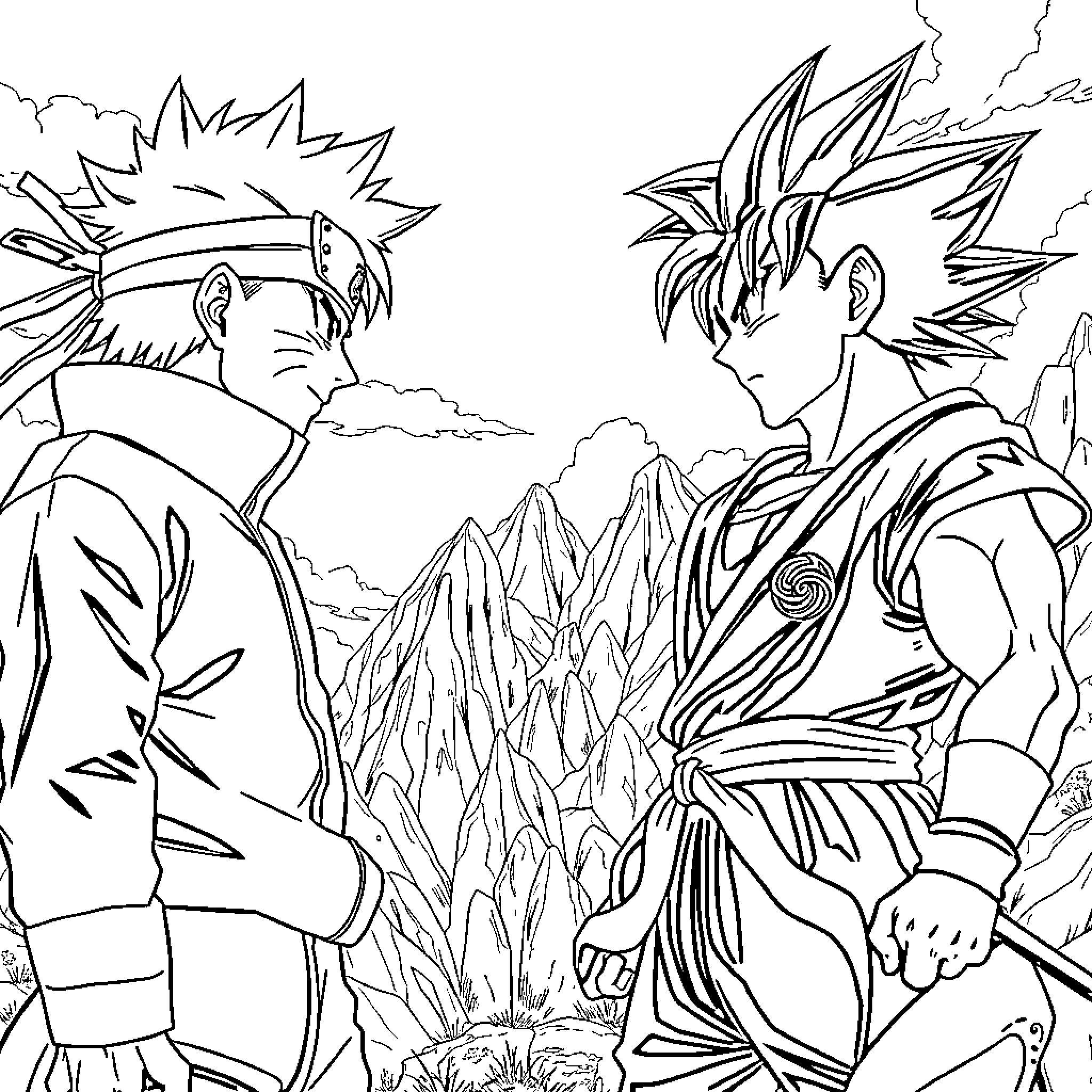 Naruto characters engage in heroic battle amid dramatic scenery Coloring Page (free black-and-white line drawing printable PDF for all, from beginners to advanced learners, including children, teens, adults, and seniors)