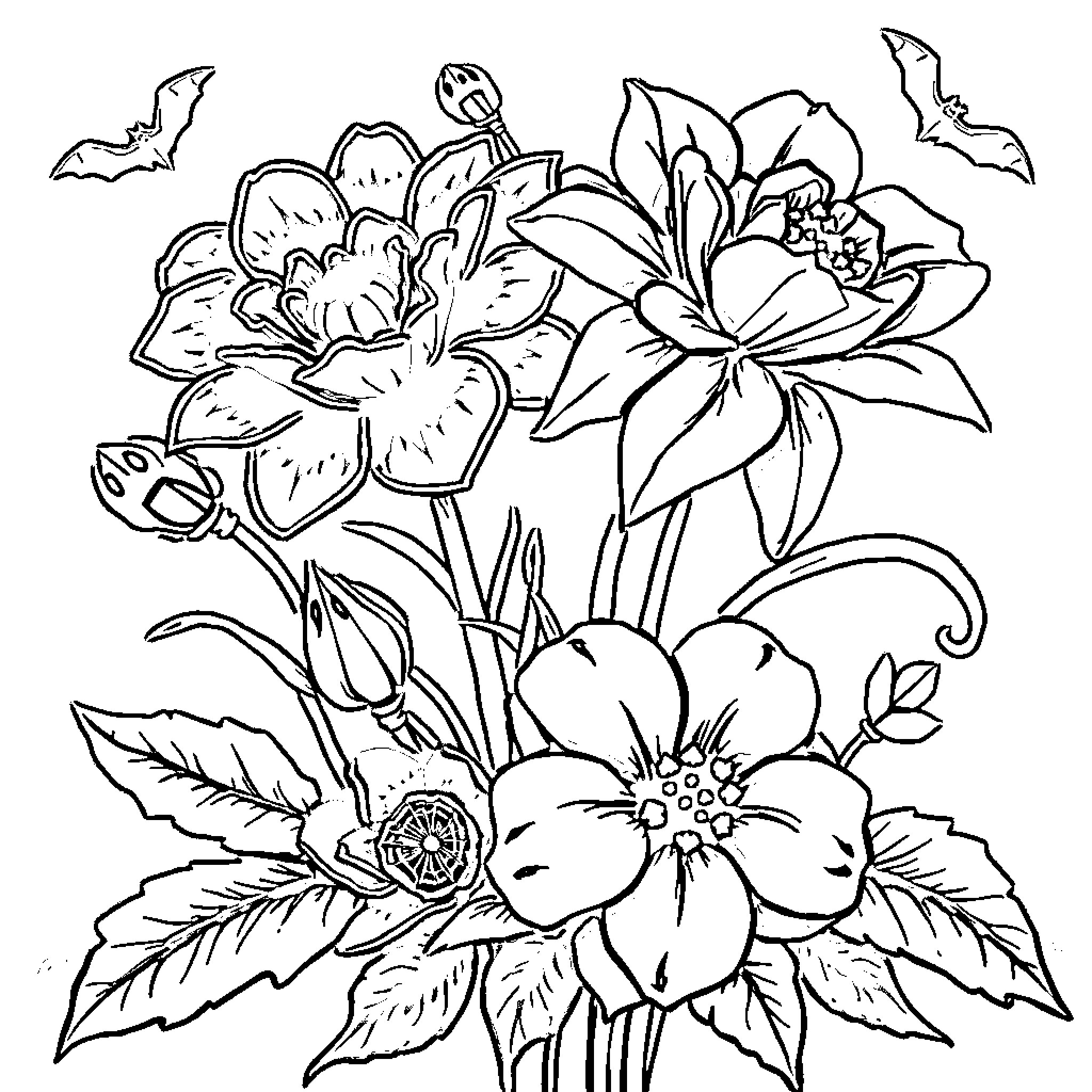 Flower bouquet with various blooms and bats Coloring Page (free black-and-white line drawing printable PDF for all, from beginners to advanced learners, including children, teens, adults, and seniors)