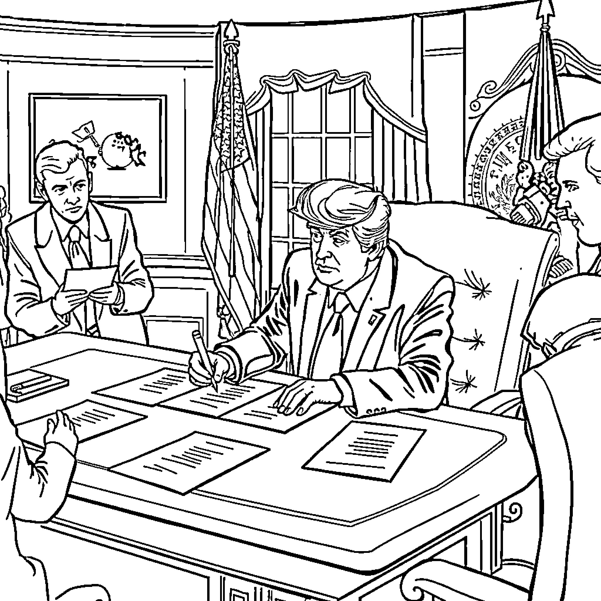 Trump signs documents in the Oval Office Coloring Page (free black-and-white line drawing printable PDF for all, from beginners to advanced learners, including children, teens, adults, and seniors)