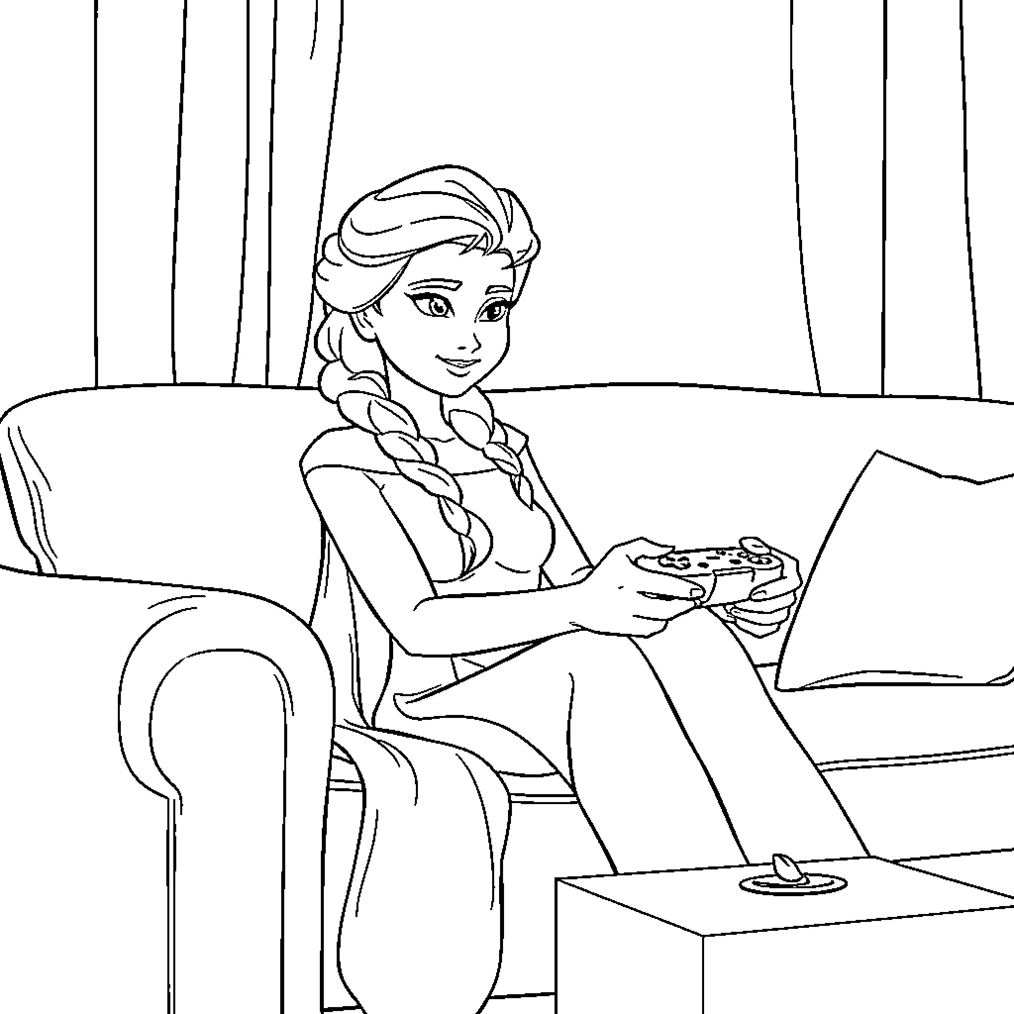 Elsa playing a video game on the couch Coloring Page (free black-and-white line drawing printable PDF for all, from beginners to advanced learners, including children, teens, adults, and seniors)