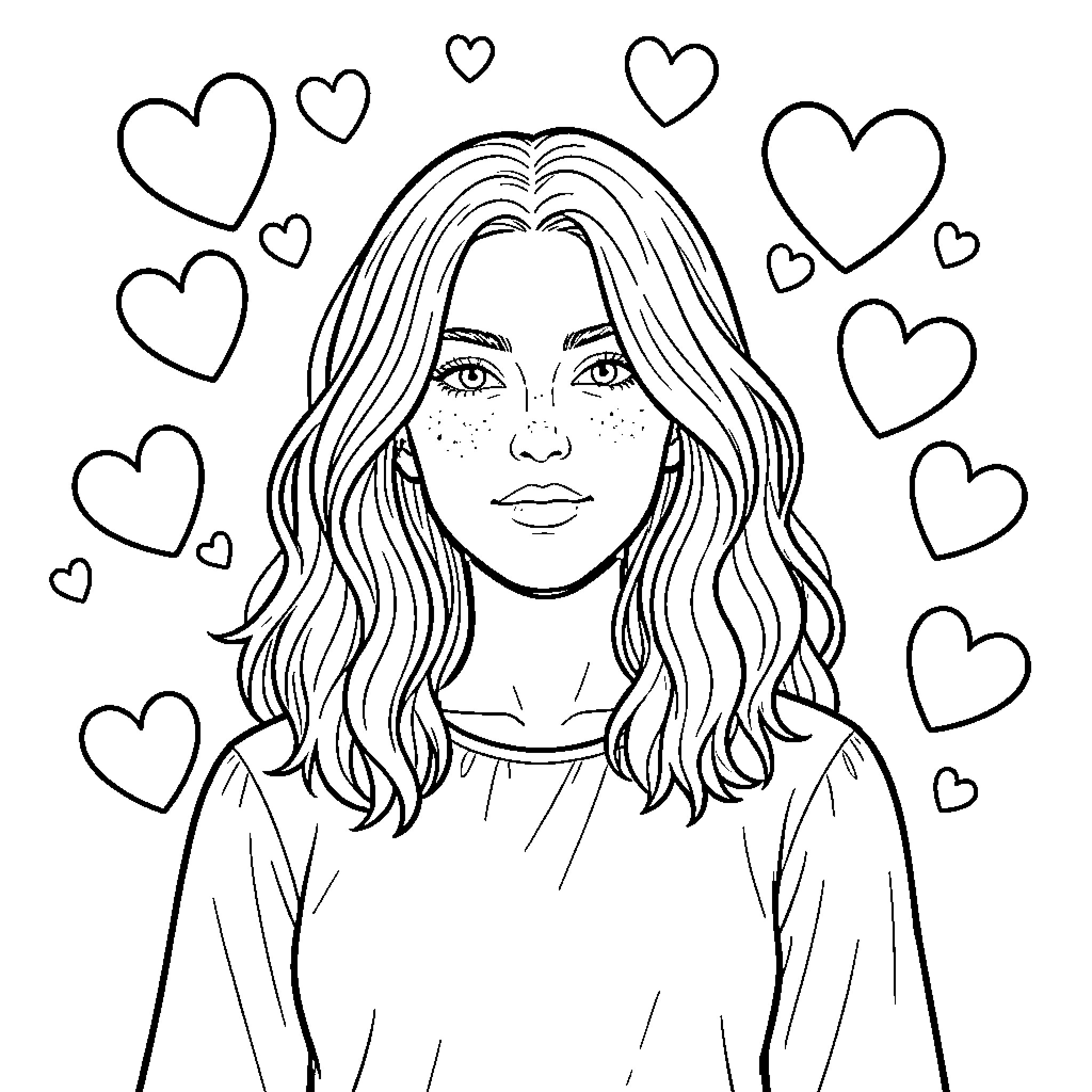 Rosalía surrounded by many floating hearts Coloring Page (free black-and-white line drawing printable PDF for all, from beginners to advanced learners, including children, teens, adults, and seniors)