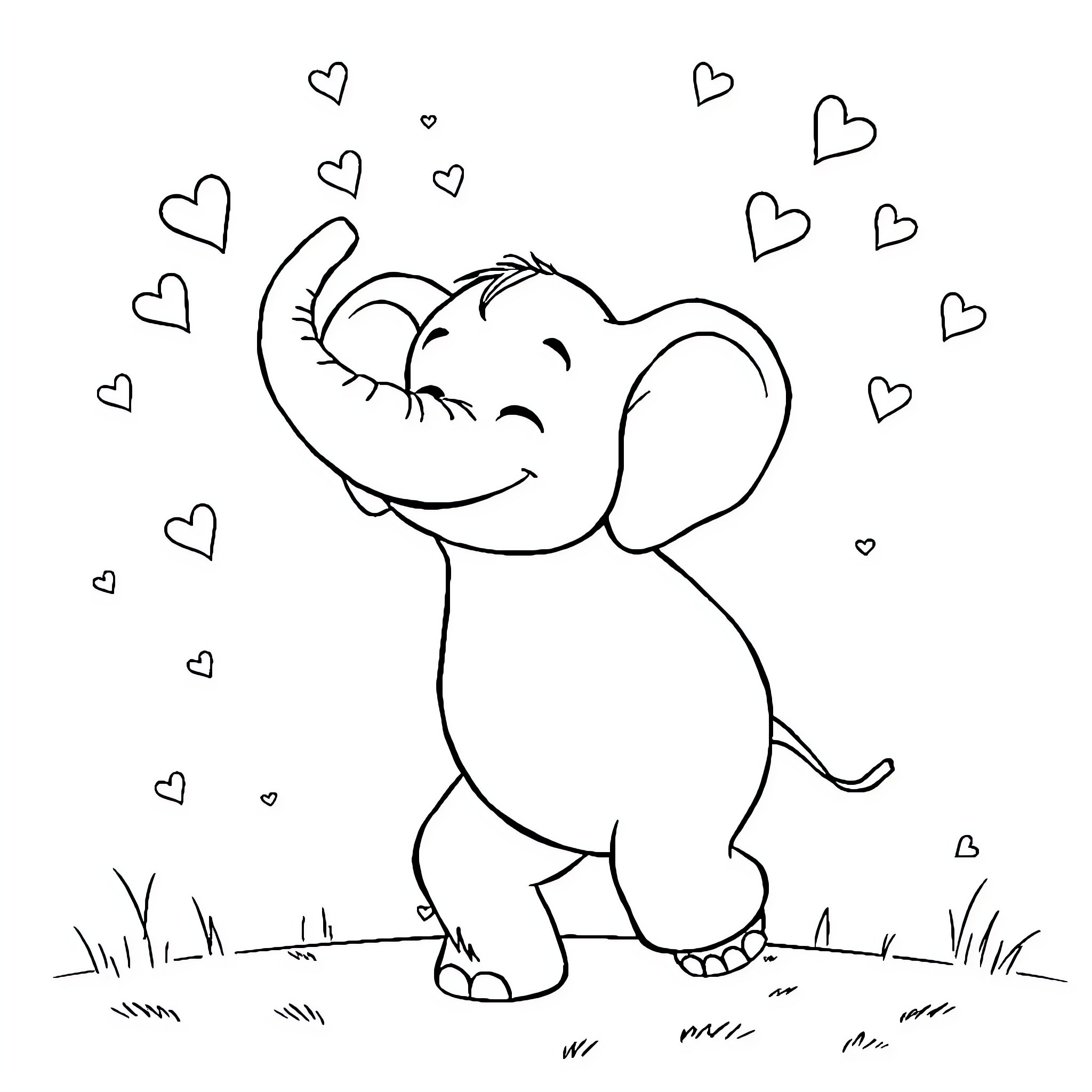 Elephant expressing affection with hearts Coloring Page (free black-and-white line drawing printable PDF for all, from beginners to advanced learners, including children, teens, adults, and seniors)