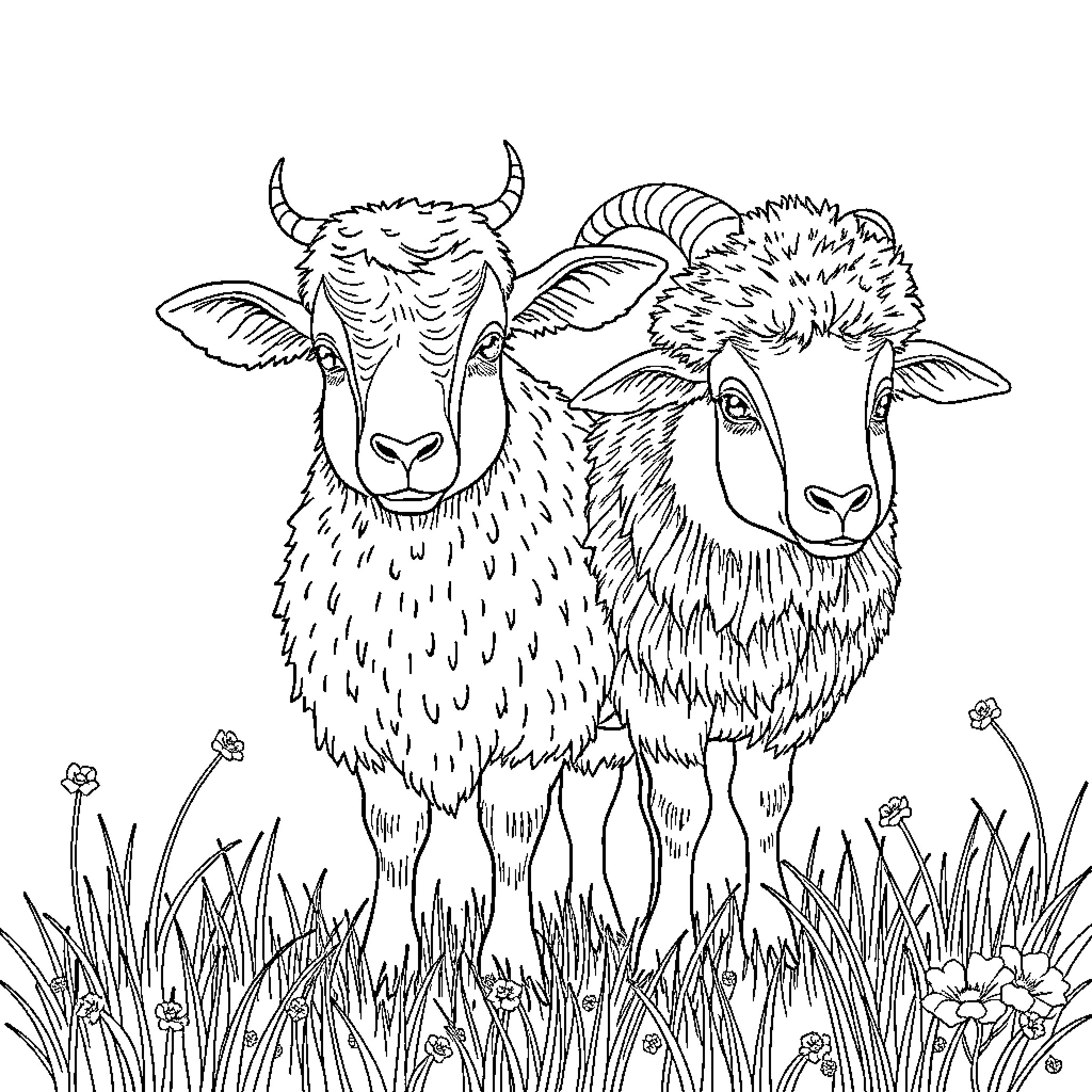Cow and Sheep in Grassy Field Coloring Page (free black-and-white line drawing printable PDF for all, from beginners to advanced learners, including children, teens, adults, and seniors)