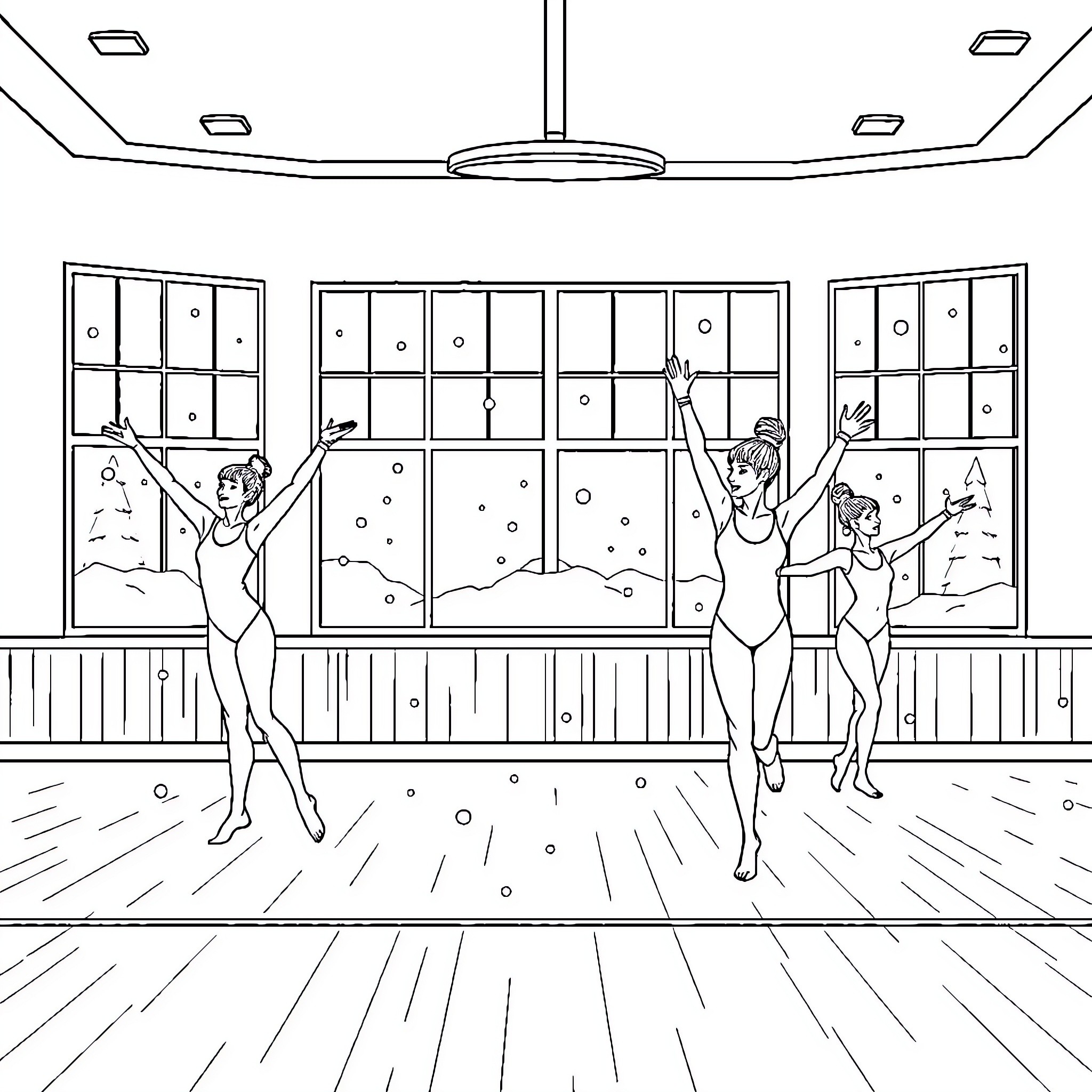 Gymnastics Performances in Bright Gymnasium Coloring Page (free black-and-white line drawing printable PDF for all, from beginners to advanced learners, including children, teens, adults, and seniors)