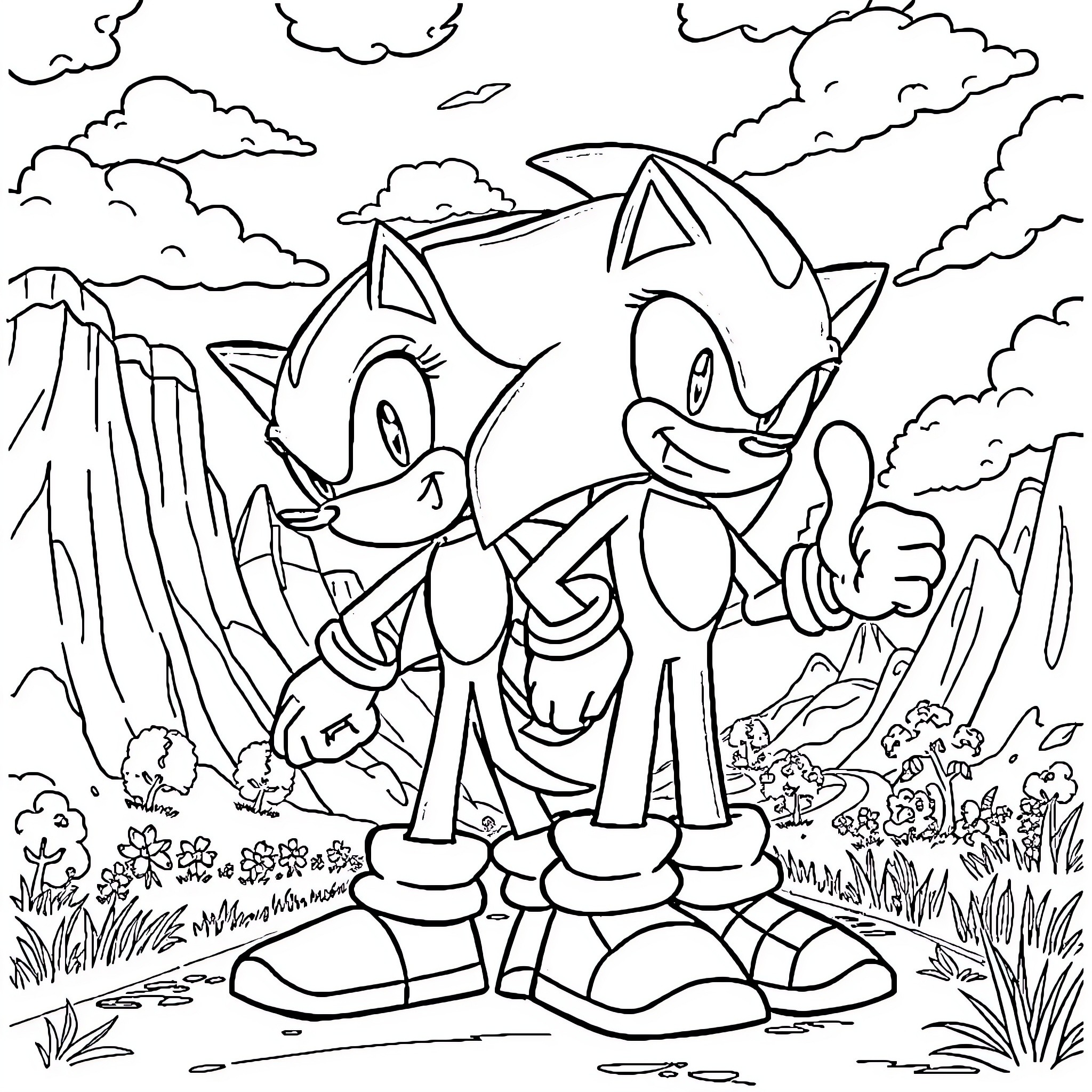 Sonic on a joyful adventure in nature Coloring Page (free black-and-white line drawing printable PDF for all, from beginners to advanced learners, including children, teens, adults, and seniors)