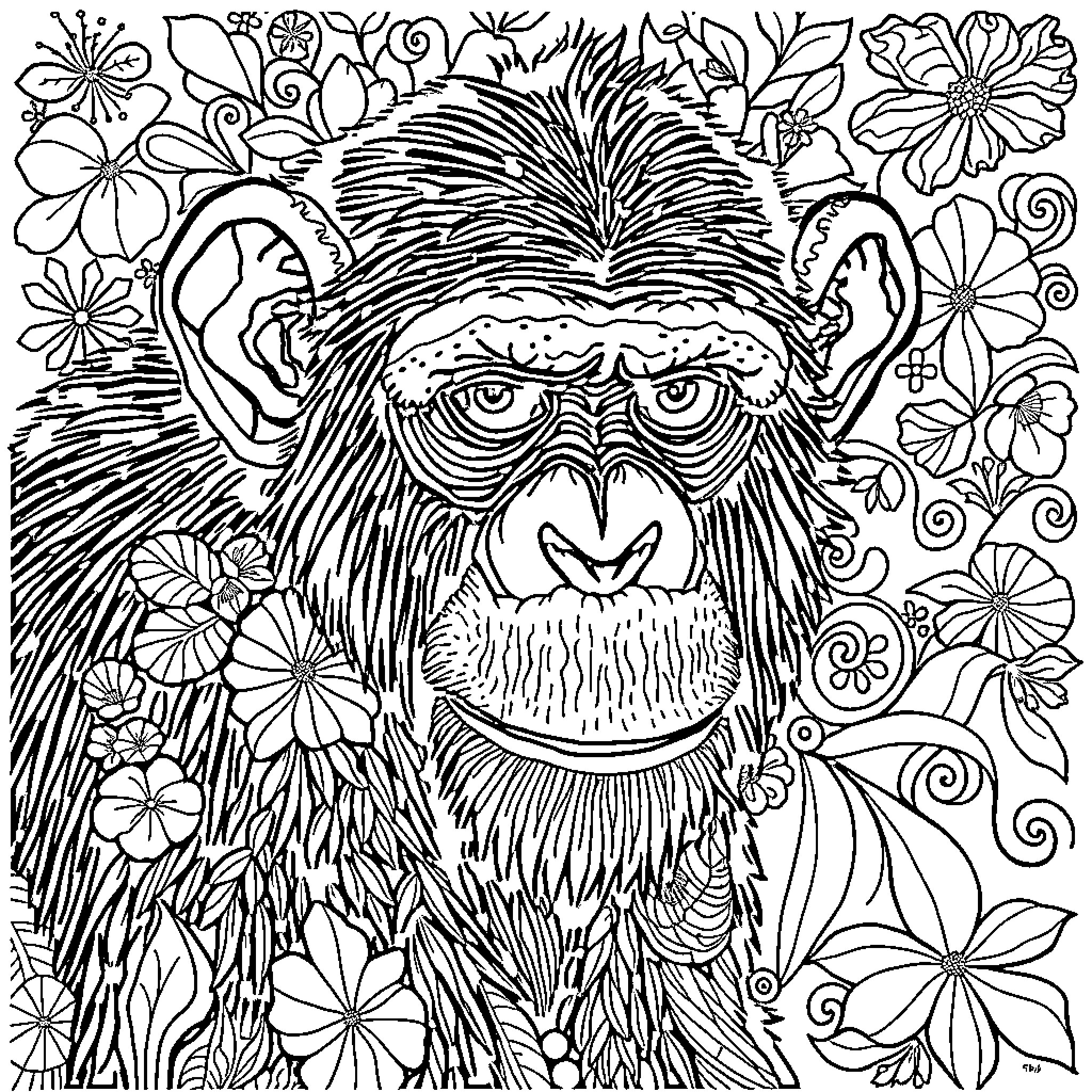 Chimpanzee surrounded by intricate floral patterns Coloring Page (free black-and-white line drawing printable PDF for all, from beginners to advanced learners, including children, teens, adults, and seniors)