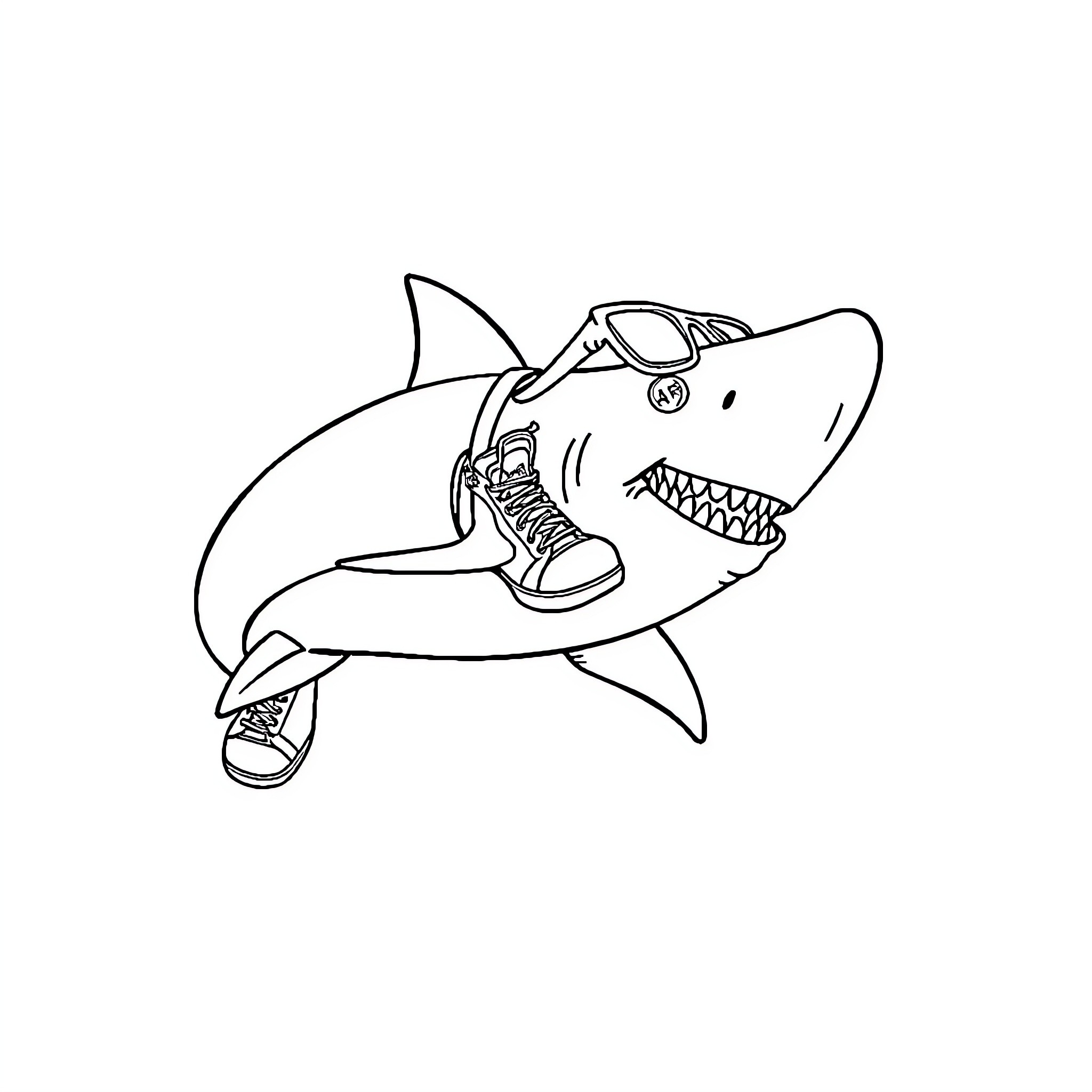 Shark biting a shoe in black and white Coloring Page (free black-and-white line drawing printable PDF for all, from beginners to advanced learners, including children, teens, adults, and seniors)