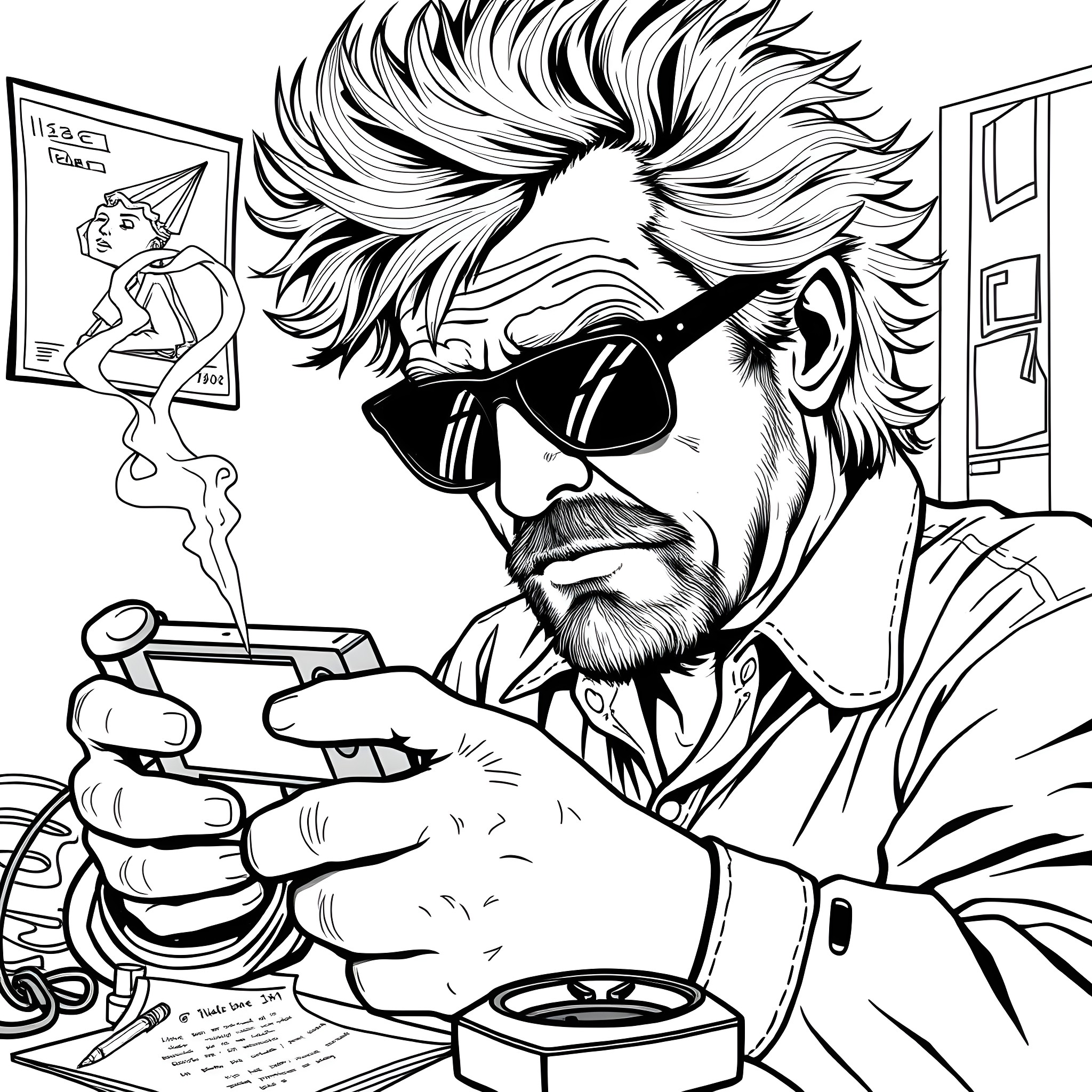 Hunter Thompson's wild and iconic portrait Coloring Page (free black-and-white line drawing printable PDF for all, from beginners to advanced learners, including children, teens, adults, and seniors)