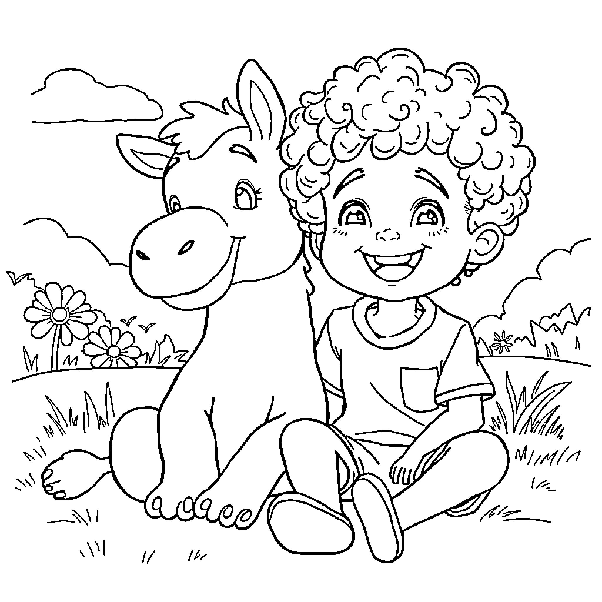 Labubu's Joyful Adventure with Donkey in the Meadow Coloring Page (free black-and-white line drawing printable PDF for all, from beginners to advanced learners, including children, teens, adults, and seniors)