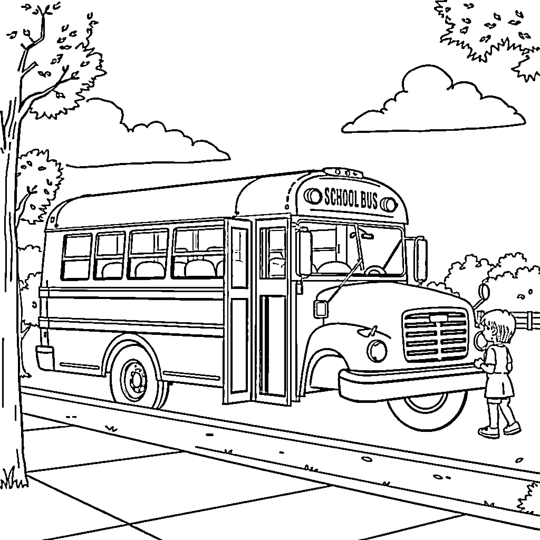 School Bus Approaching Neighborhood Street Coloring Page (free black-and-white line drawing printable PDF for all, from beginners to advanced learners, including children, teens, adults, and seniors)