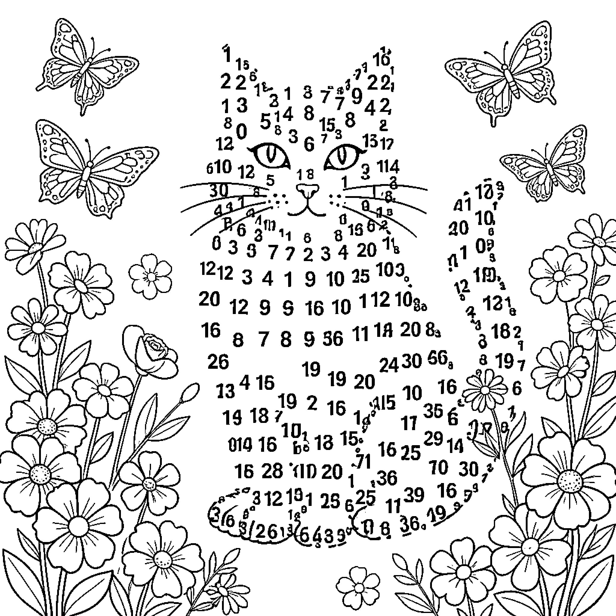 Gato playing with butterflies in a floral garden Coloring Page (free black-and-white line drawing printable PDF for all, from beginners to advanced learners, including children, teens, adults, and seniors)