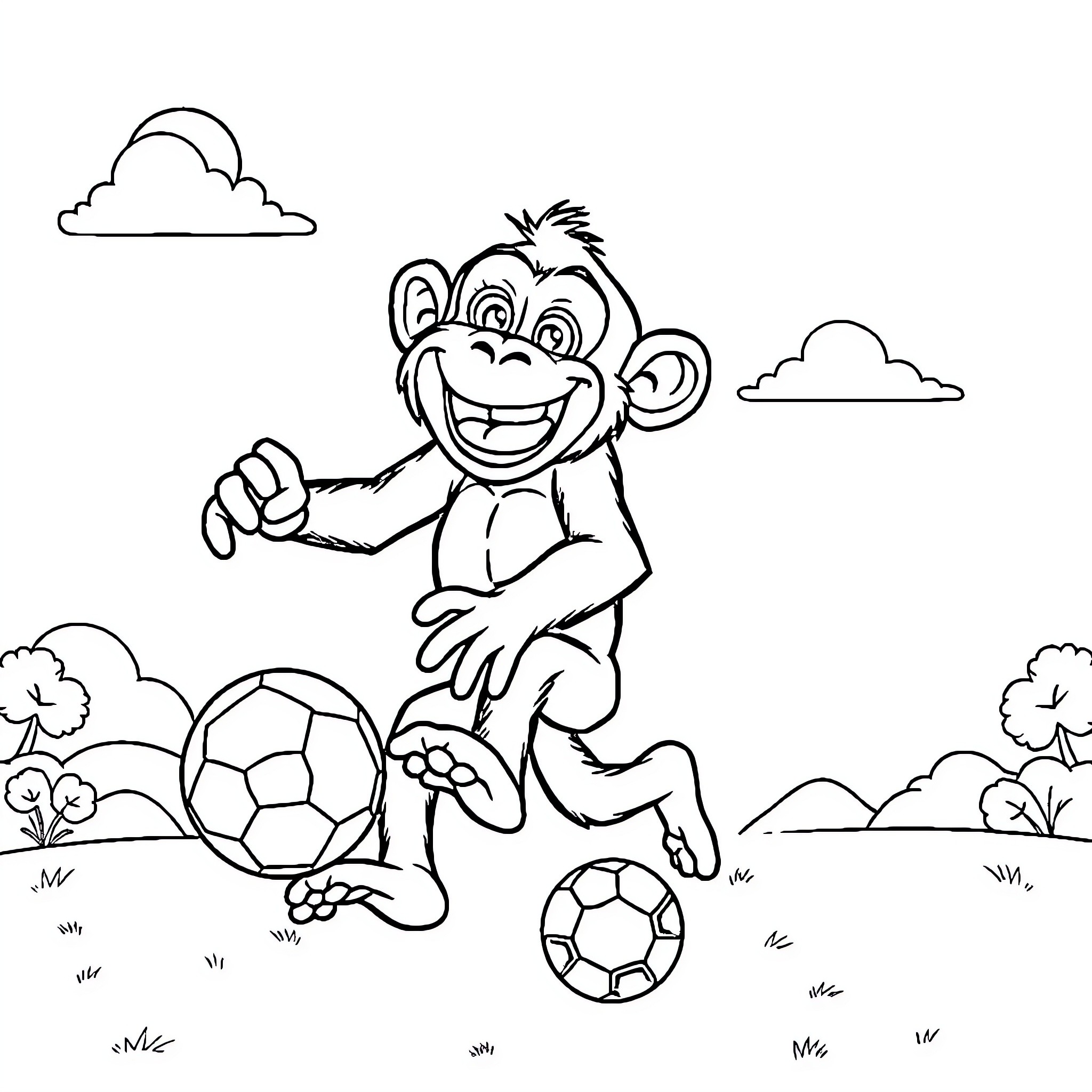Chimpanzee playing happily with soccer balls Coloring Page (free black-and-white line drawing printable PDF for all, from beginners to advanced learners, including children, teens, adults, and seniors)