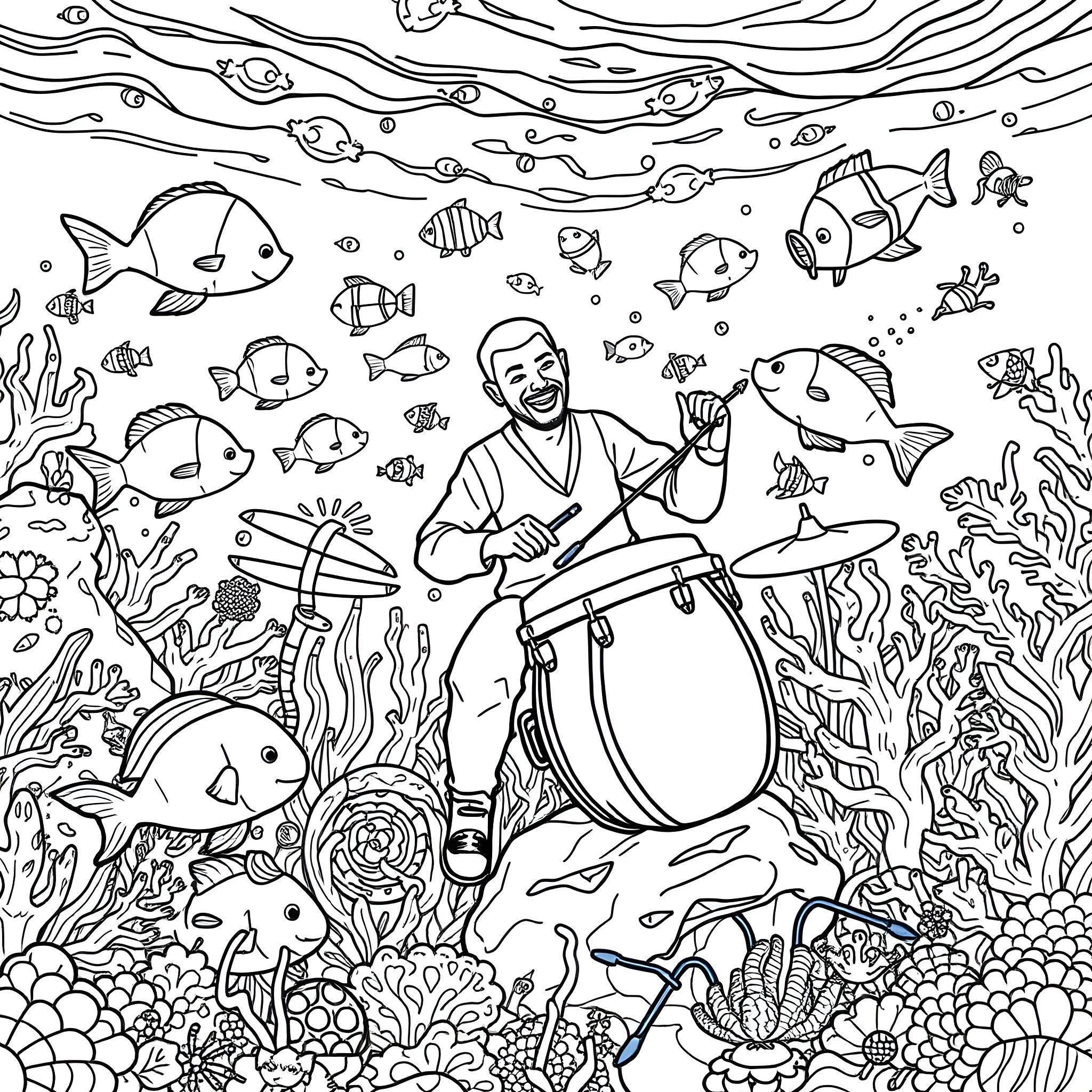 Drummer playing rhythmic beats underwater Coloring Page (free black-and-white line drawing printable PDF for all, from beginners to advanced learners, including children, teens, adults, and seniors)