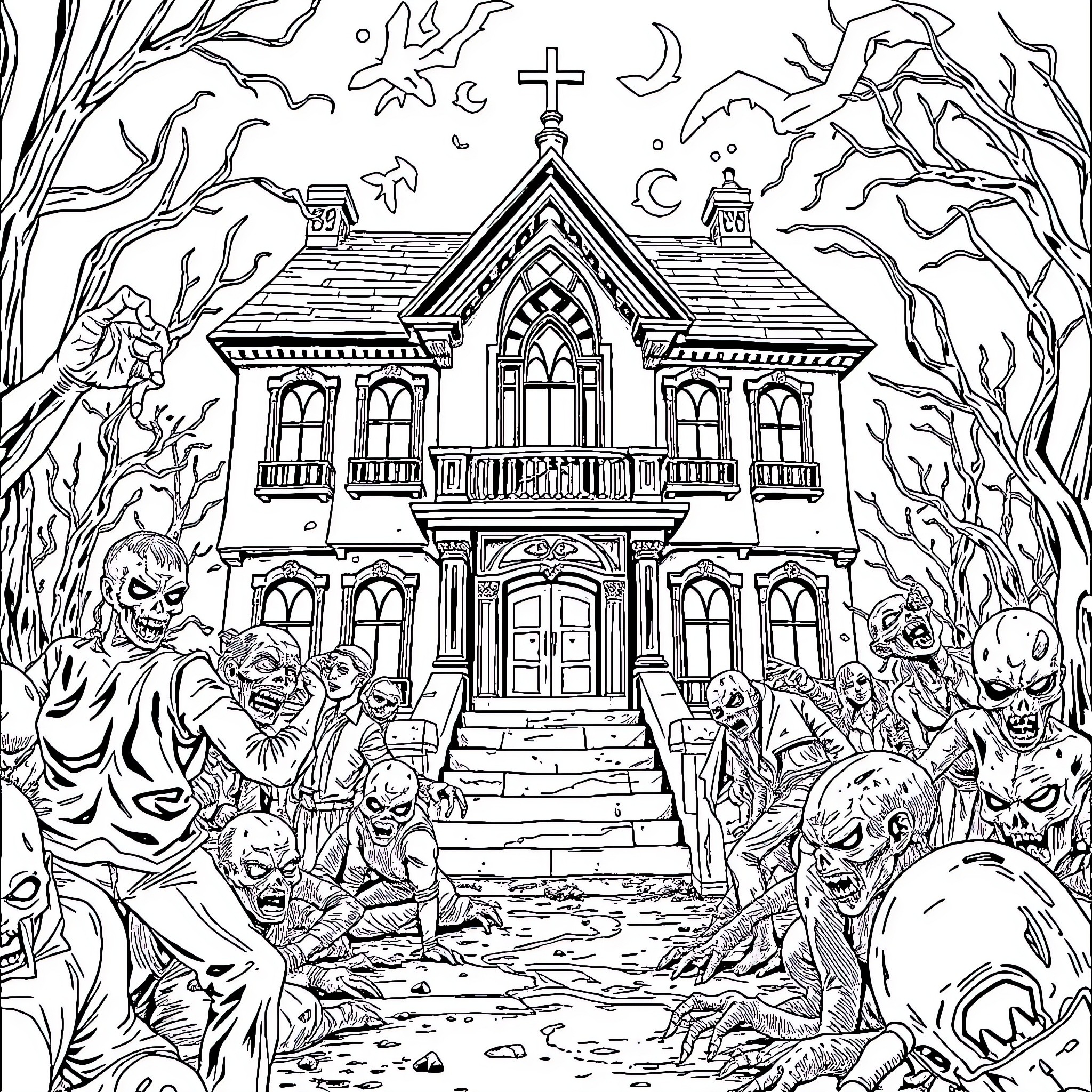 Resident Evil: Haunted Gothic Manor Overrun by Creatures Coloring Page (free black-and-white line drawing printable PDF for all, from beginners to advanced learners, including children, teens, adults, and seniors)