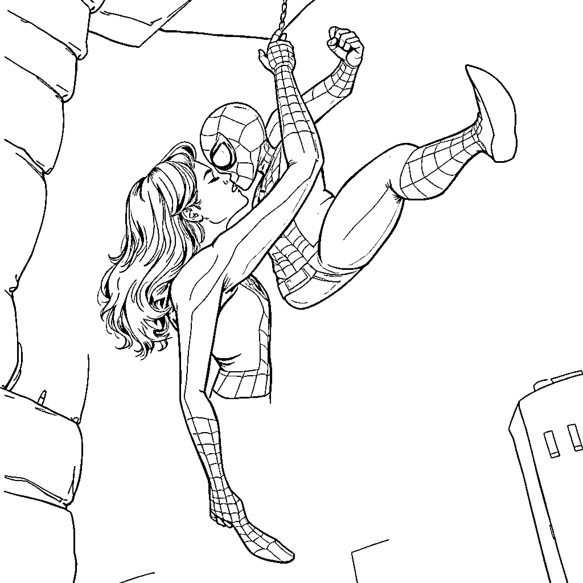 Jennifer Lawrence as Spidergirl swinging through the city Coloring Page (free black-and-white line drawing printable PDF for all, from beginners to advanced learners, including children, teens, adults, and seniors)