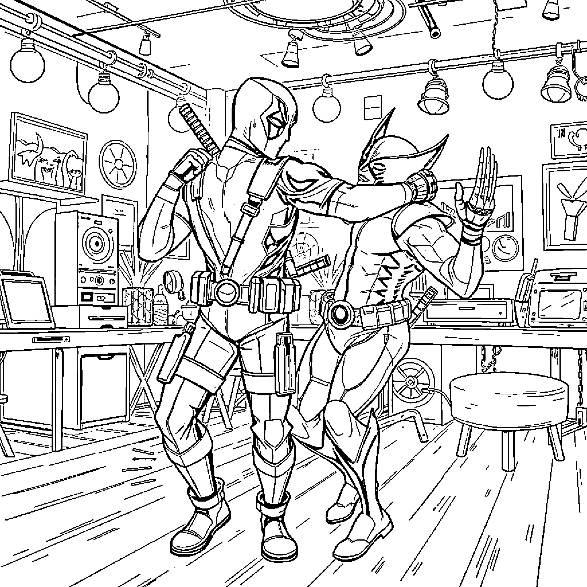Deadpool in Action-Packed Superhero Showdown Coloring Page (free black-and-white line drawing printable PDF for all, from beginners to advanced learners, including children, teens, adults, and seniors)
