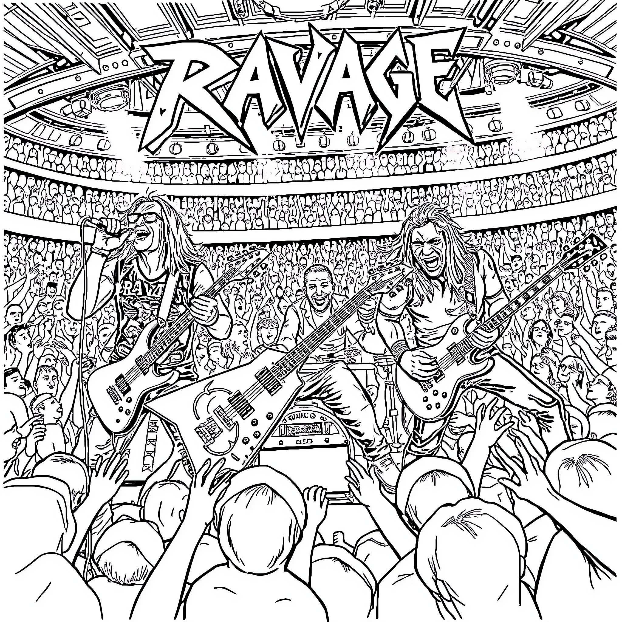 Band performing on stage in front of energetic crowd Coloring Page (free black-and-white line drawing printable PDF for all, from beginners to advanced learners, including children, teens, adults, and seniors)