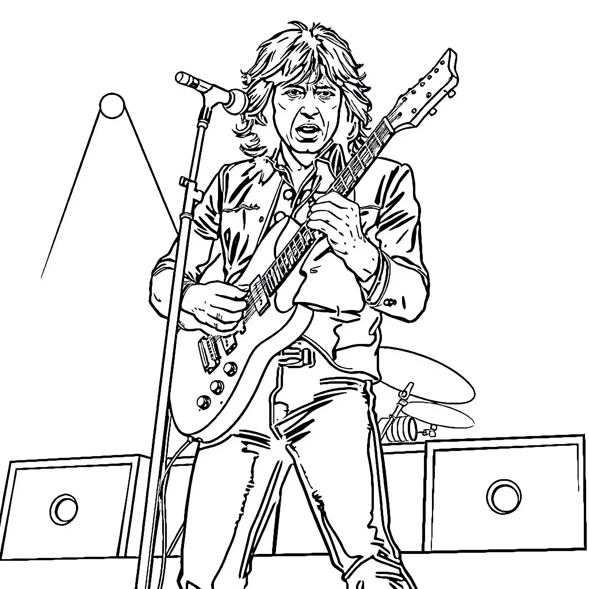 Guitar player rocking out on stage Coloring Page (free black-and-white line drawing printable PDF for all, from beginners to advanced learners, including children, teens, adults, and seniors)