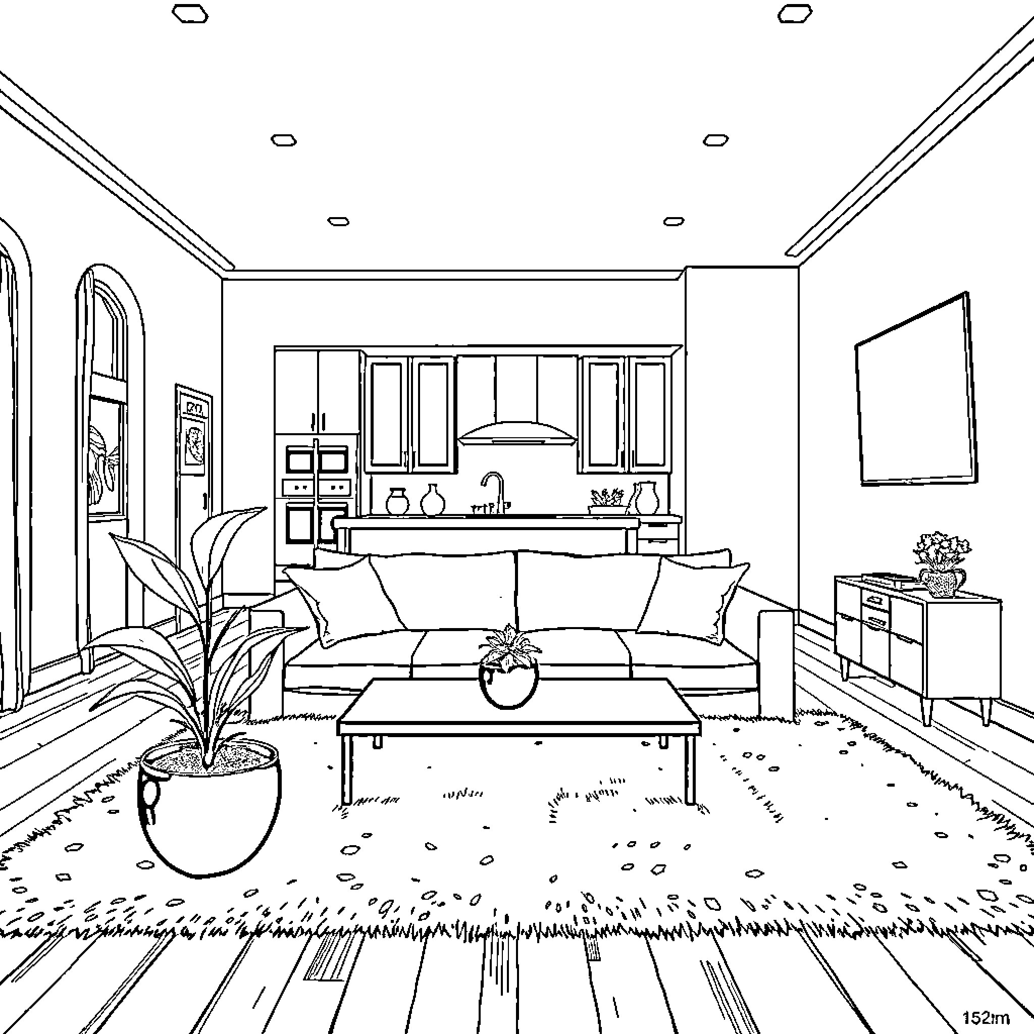Living Room with Cozy Furnishings and Decor Coloring Page (free black-and-white line drawing printable PDF for all, from beginners to advanced learners, including children, teens, adults, and seniors)