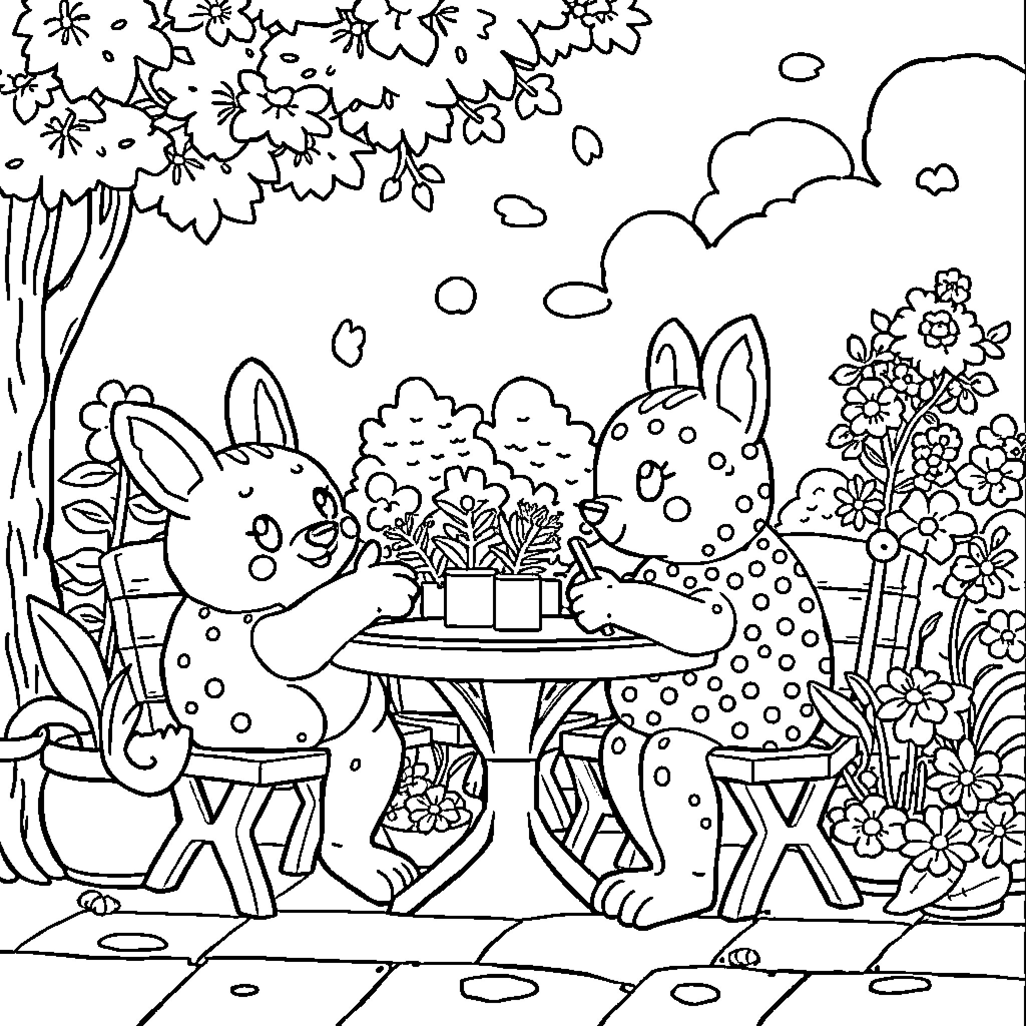 Cat friends having a picnic in the garden Coloring Page (free black-and-white line drawing printable PDF for all, from beginners to advanced learners, including children, teens, adults, and seniors)
