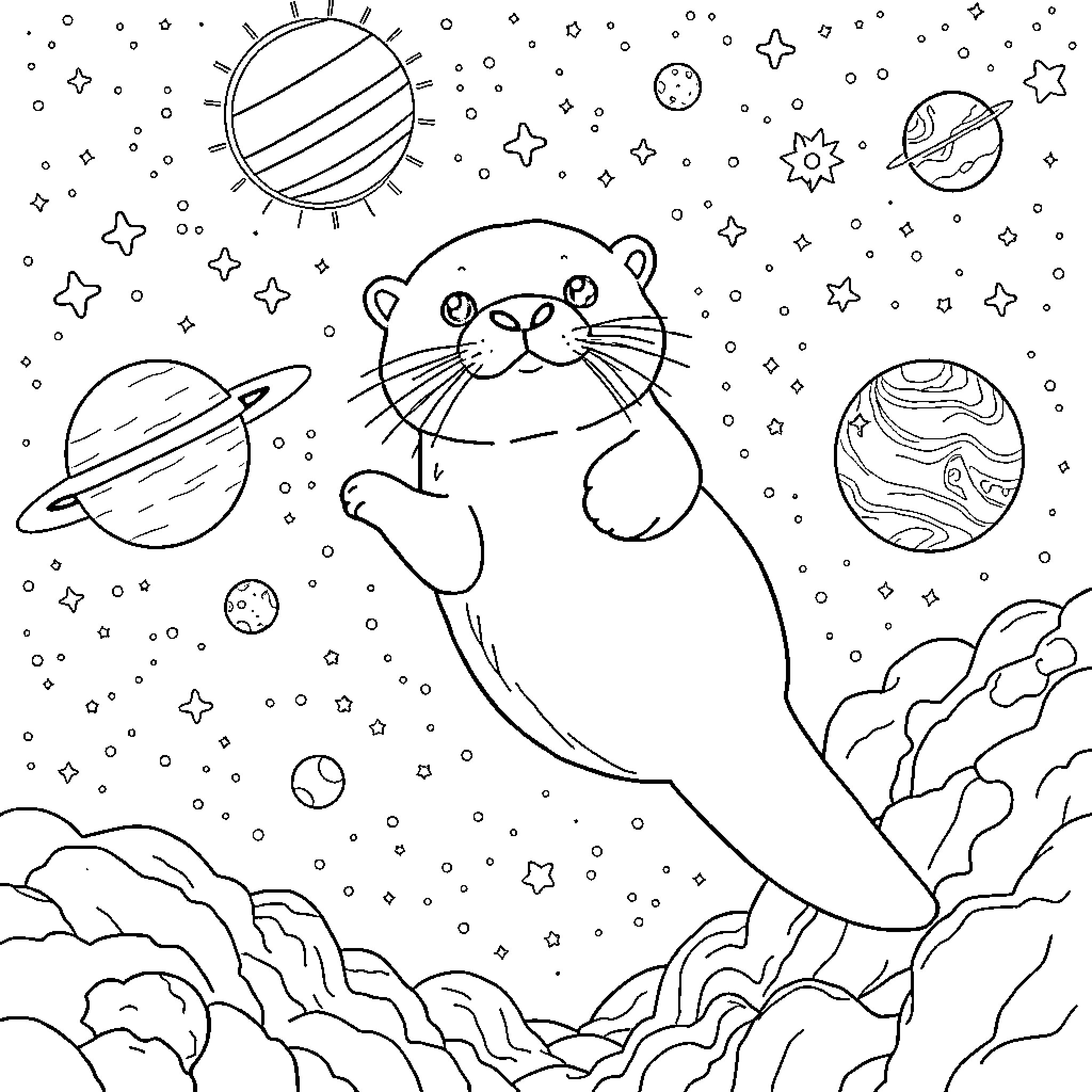 Otter floating in cosmic space with planets Coloring Page (free black-and-white line drawing printable PDF for all, from beginners to advanced learners, including children, teens, adults, and seniors)