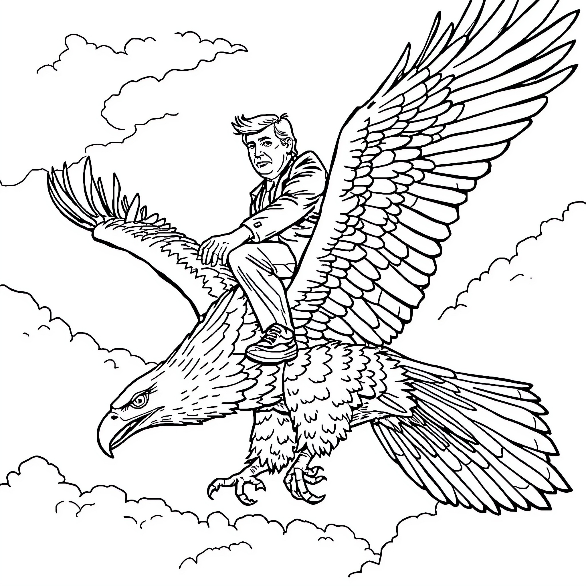 Donald Trump riding a majestic eagle in the sky Coloring Page (free black-and-white line drawing printable PDF for all, from beginners to advanced learners, including children, teens, adults, and seniors)