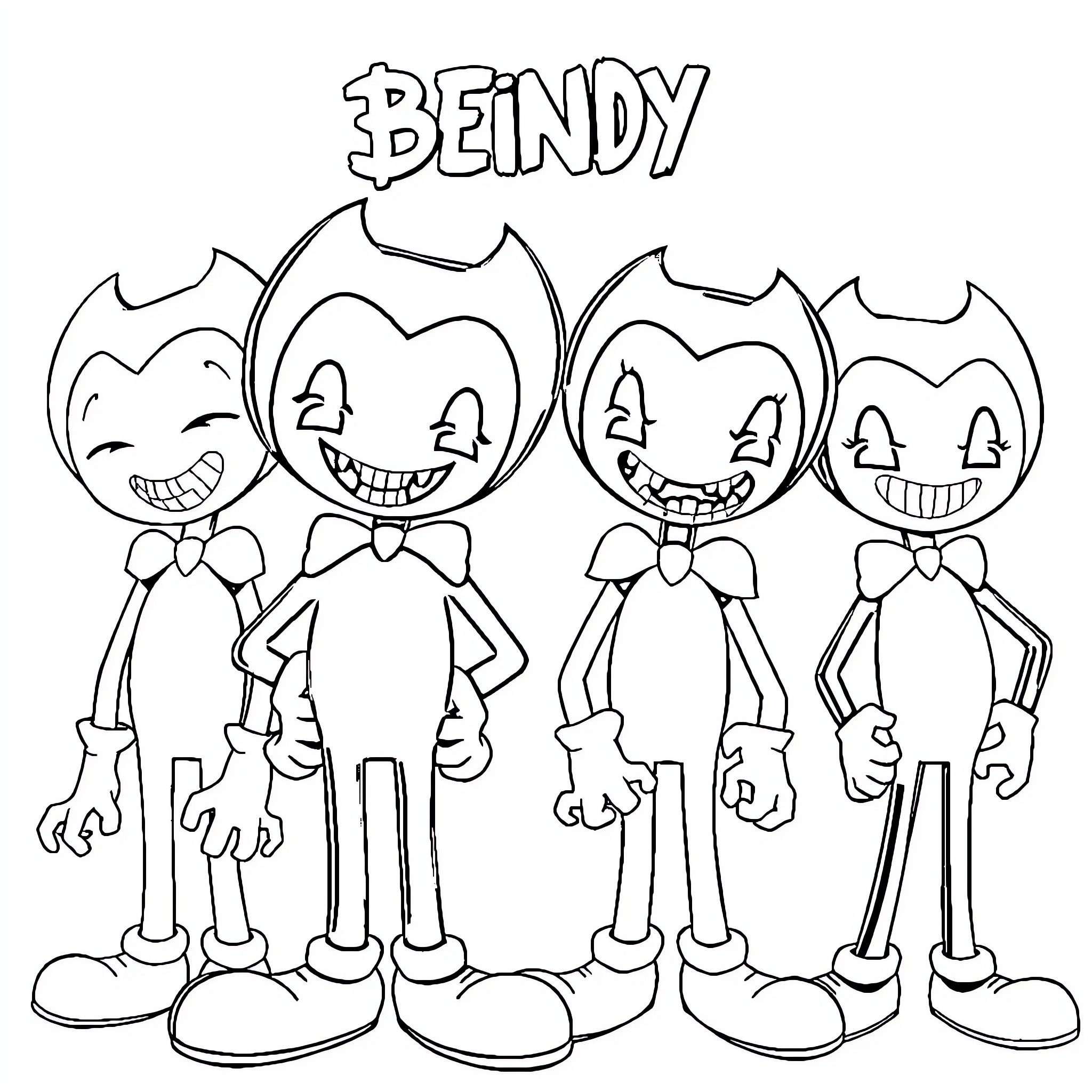 Bendy and his Mischievous Friends Coloring Page (free black-and-white line drawing printable PDF for all, from beginners to advanced learners, including children, teens, adults, and seniors)