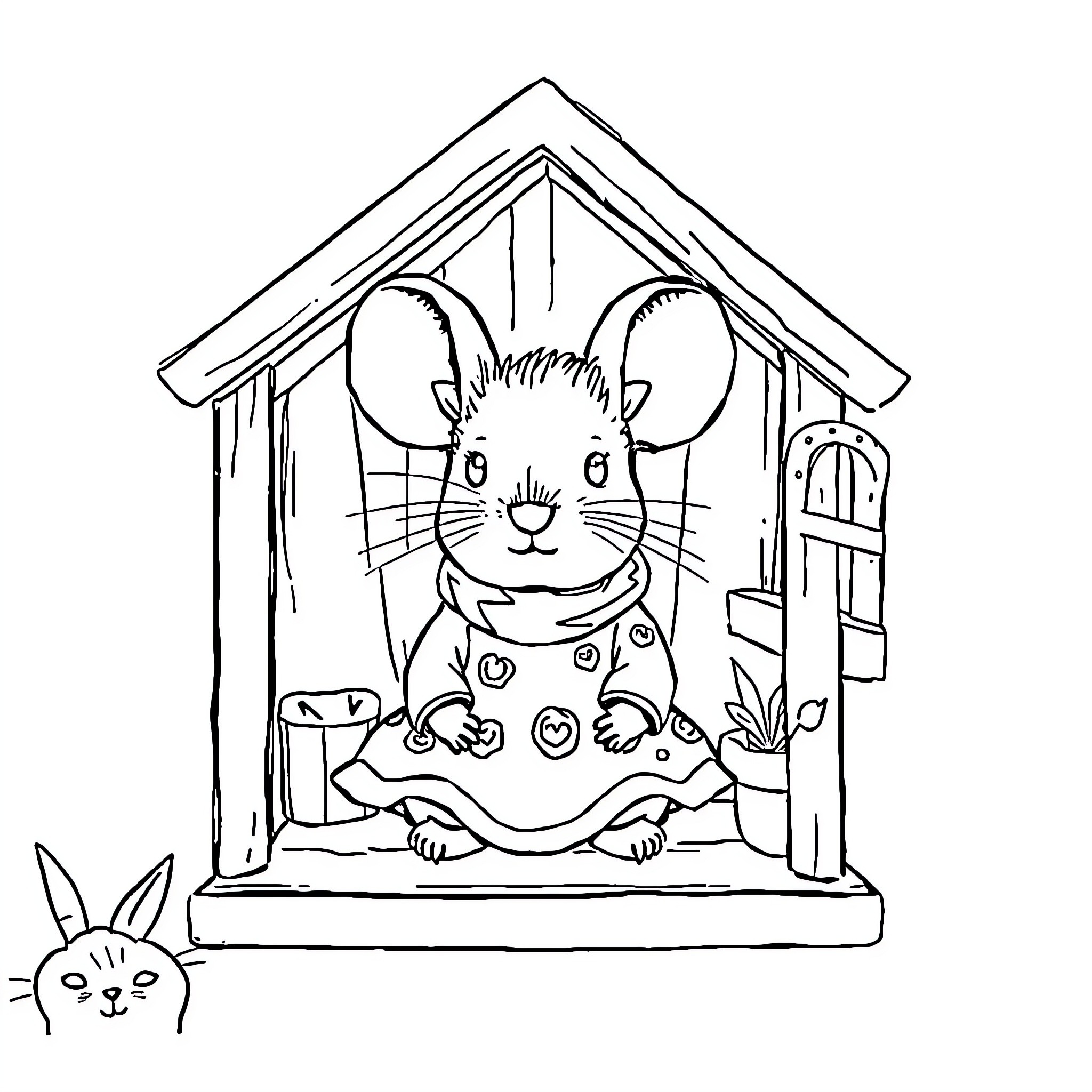 Mouse relaxing in cozy cottage Coloring Page (free black-and-white line drawing printable PDF for all, from beginners to advanced learners, including children, teens, adults, and seniors)
