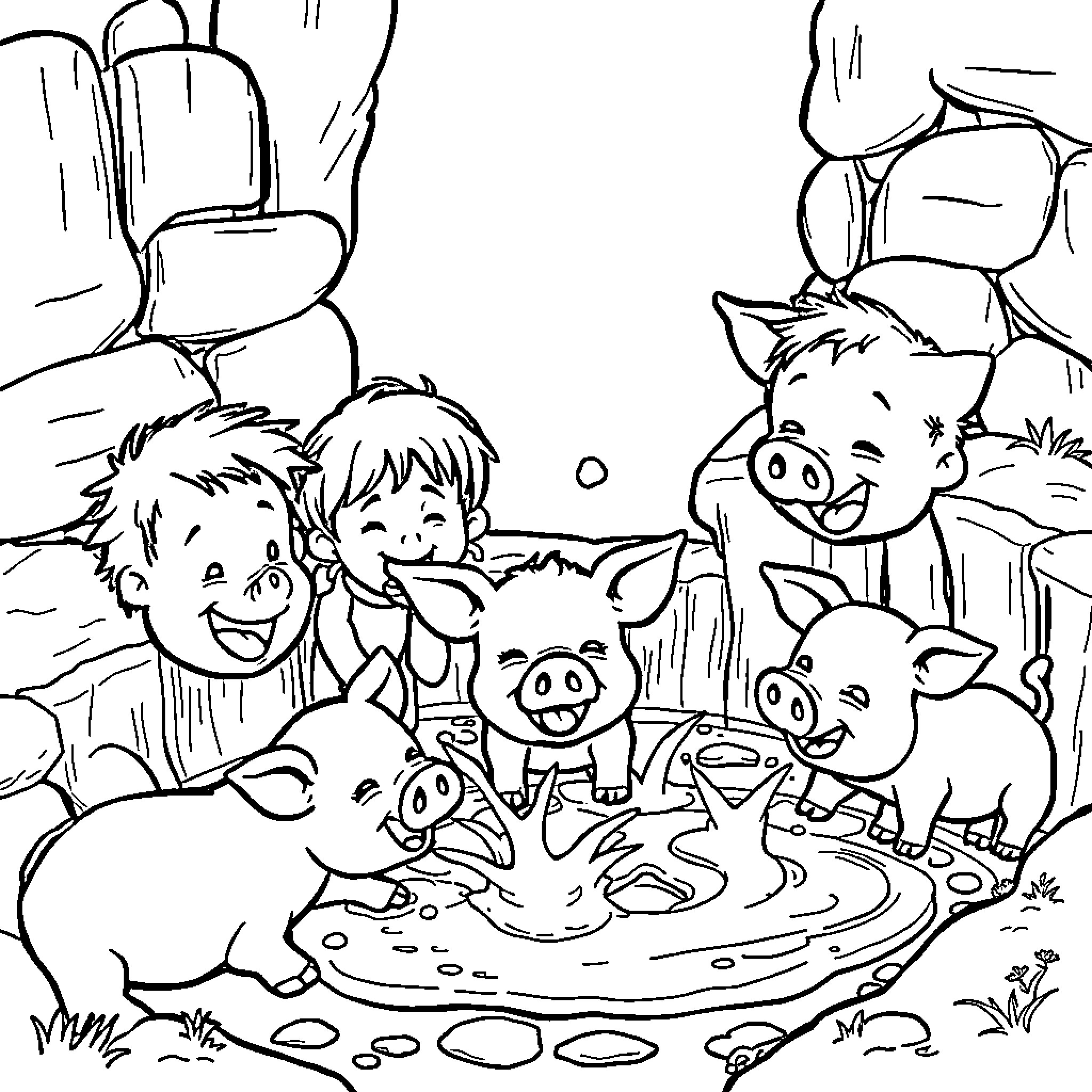 Kid playing joyfully with pigs in the mud Coloring Page (free black-and-white line drawing printable PDF for all, from beginners to advanced learners, including children, teens, adults, and seniors)