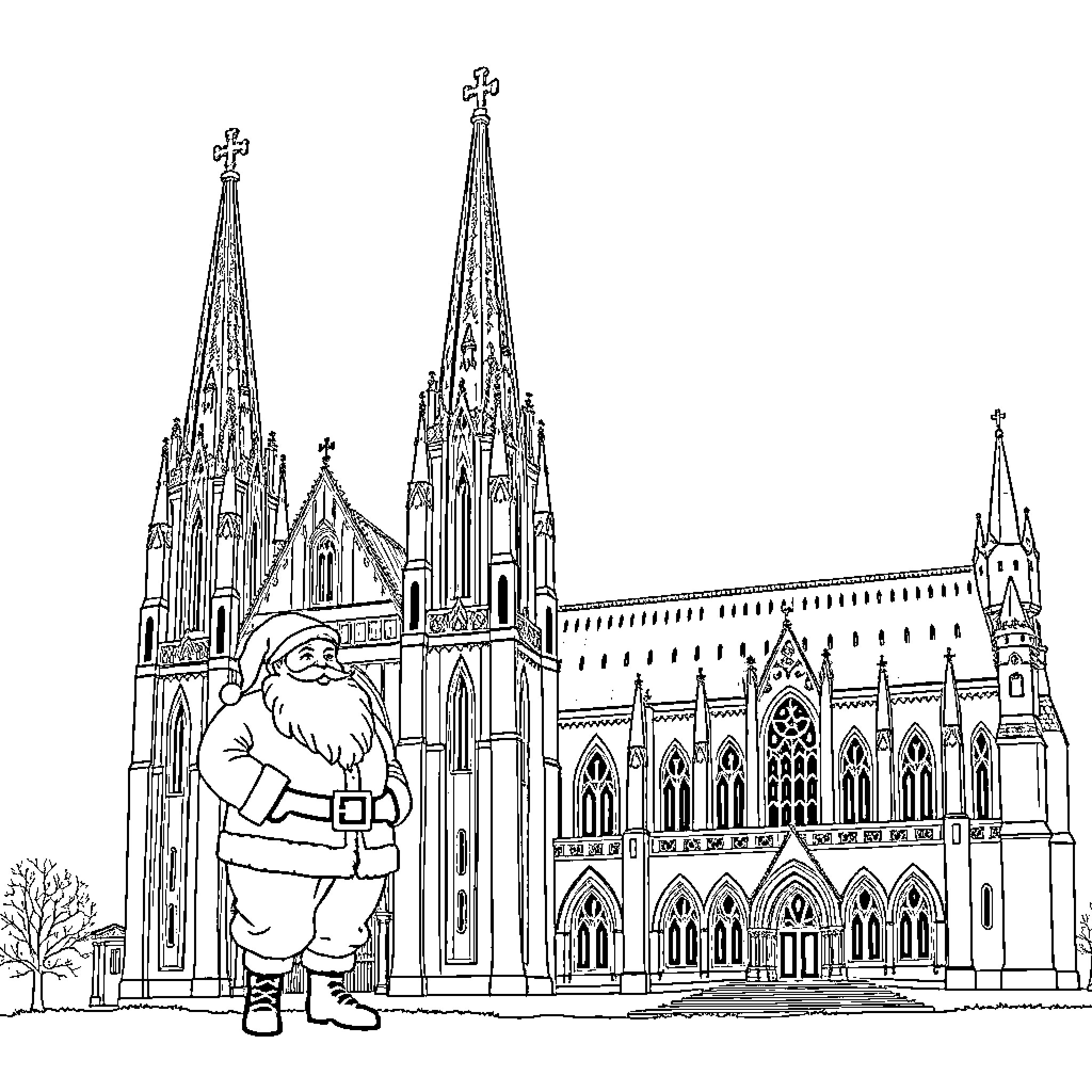 Santa standing in front of a majestic cathedral Coloring Page (free black-and-white line drawing printable PDF for all, from beginners to advanced learners, including children, teens, adults, and seniors)