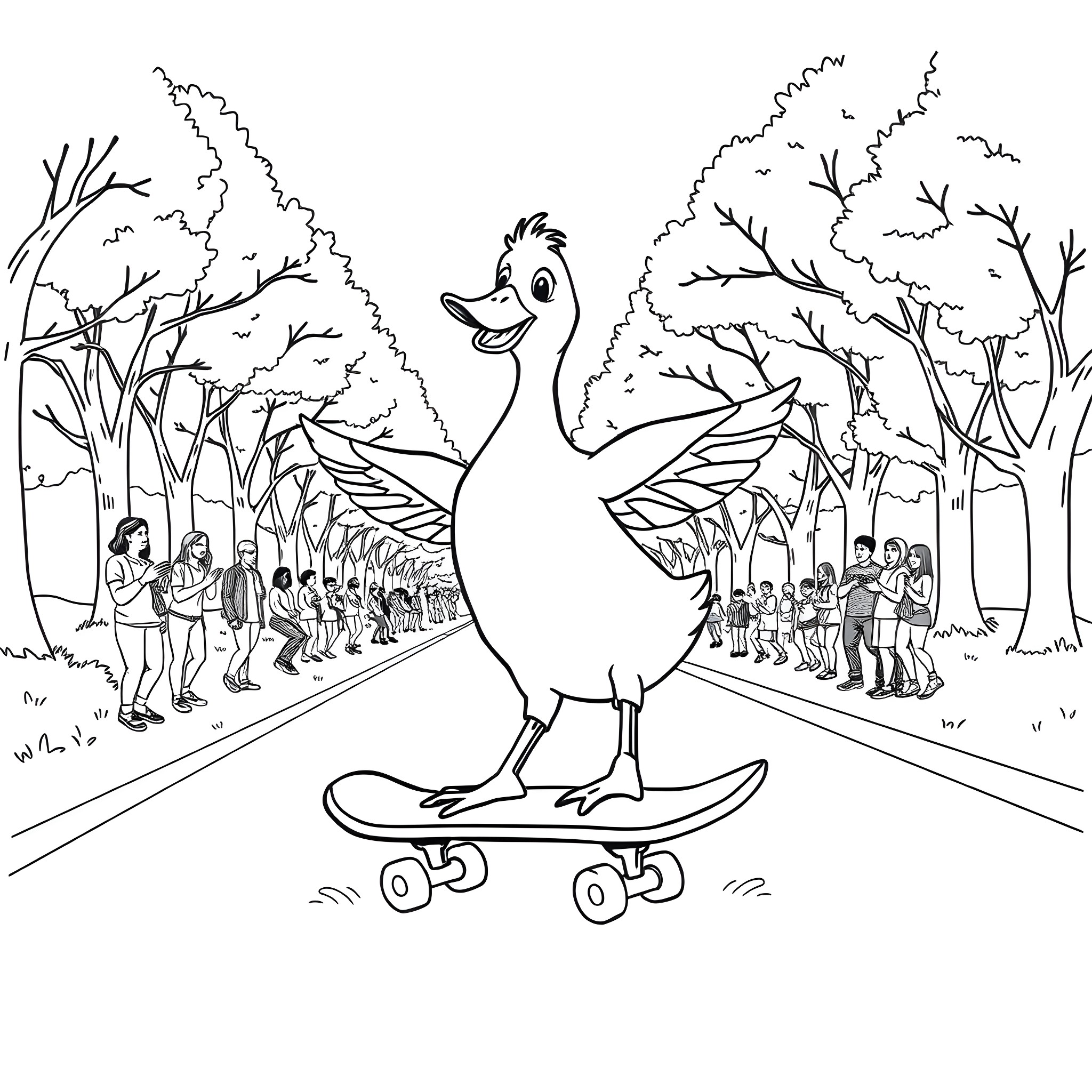 Duck skateboarding with people in the park Coloring Page (free black-and-white line drawing printable PDF for all, from beginners to advanced learners, including children, teens, adults, and seniors)