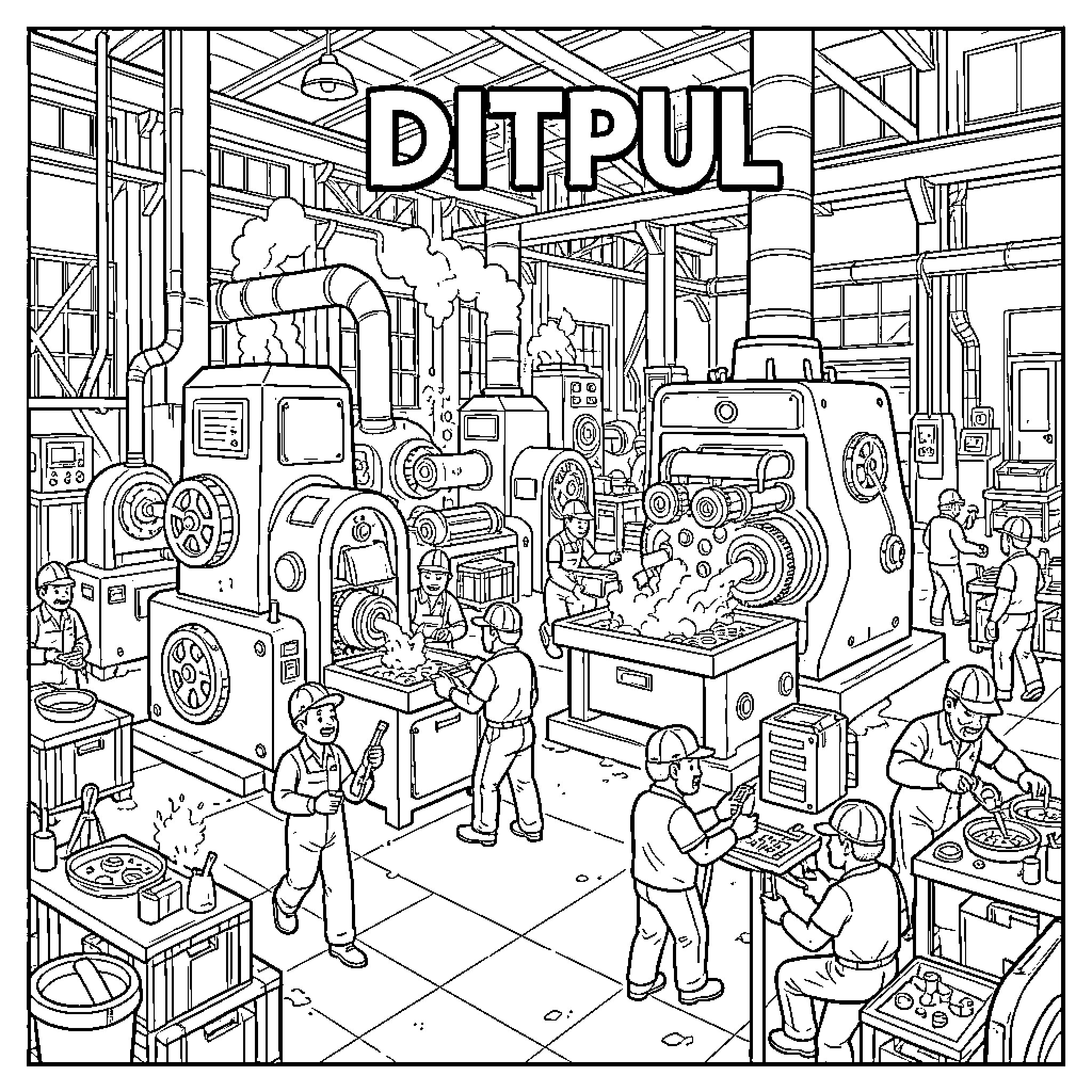Ditpul: Bustling Electronics Workshop Coloring Page (free black-and-white line drawing printable PDF for all, from beginners to advanced learners, including children, teens, adults, and seniors)