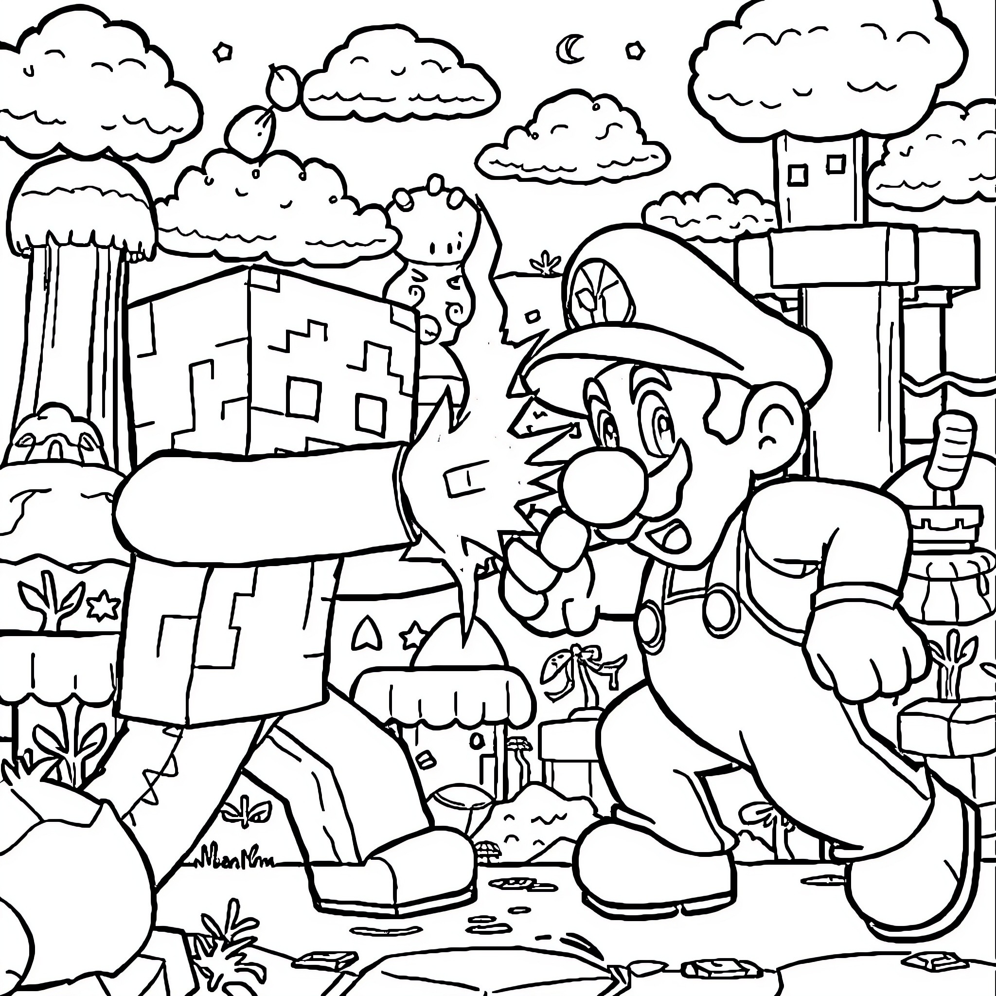 Minecraft Character Exploring the Cityscape Coloring Page (free black-and-white line drawing printable PDF for all, from beginners to advanced learners, including children, teens, adults, and seniors)
