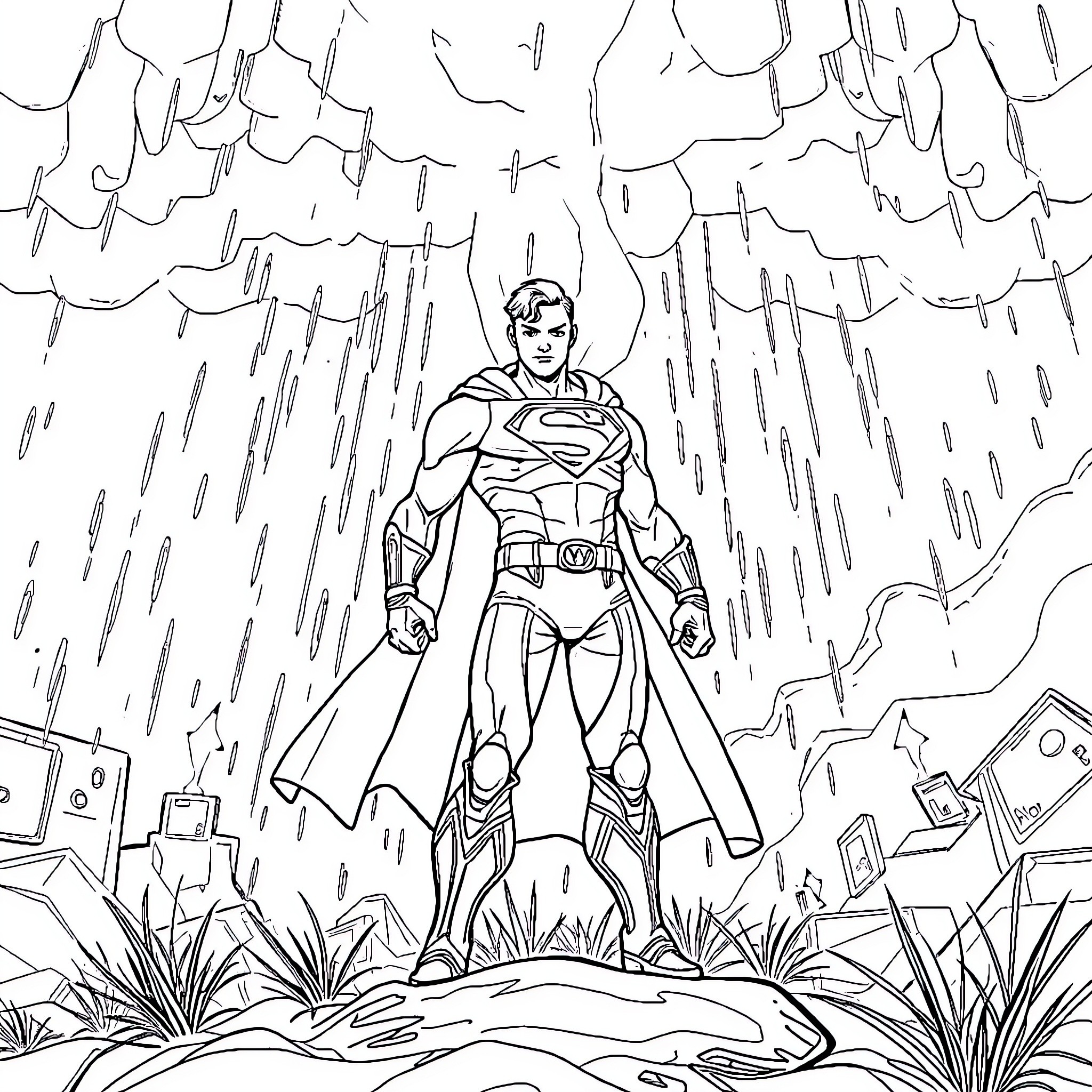 Superman heroically stands in the rain Coloring Page (free black-and-white line drawing printable PDF for all, from beginners to advanced learners, including children, teens, adults, and seniors)