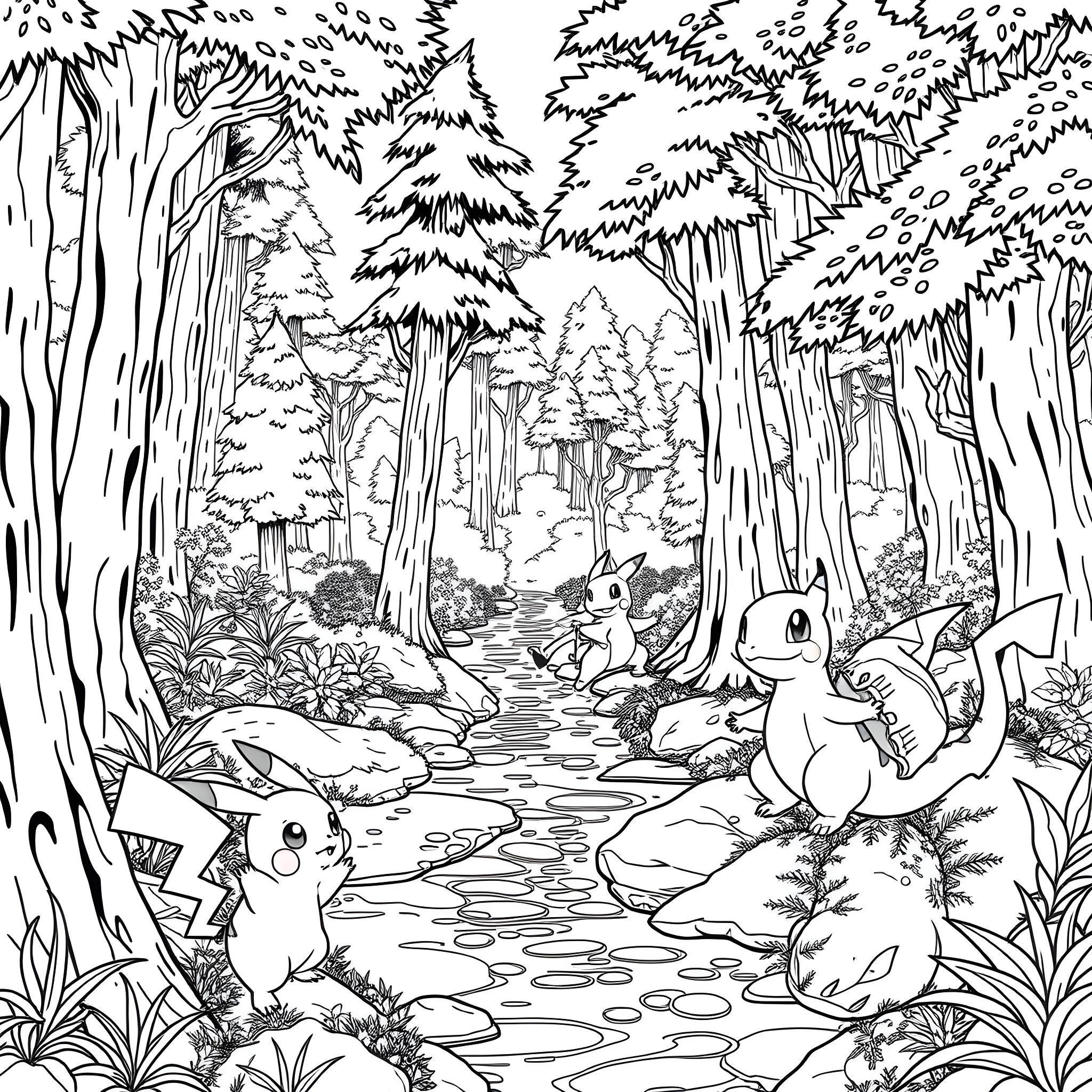 Pokémon playing in a lush forest landscape Coloring Page (free black-and-white line drawing printable PDF for all, from beginners to advanced learners, including children, teens, adults, and seniors)