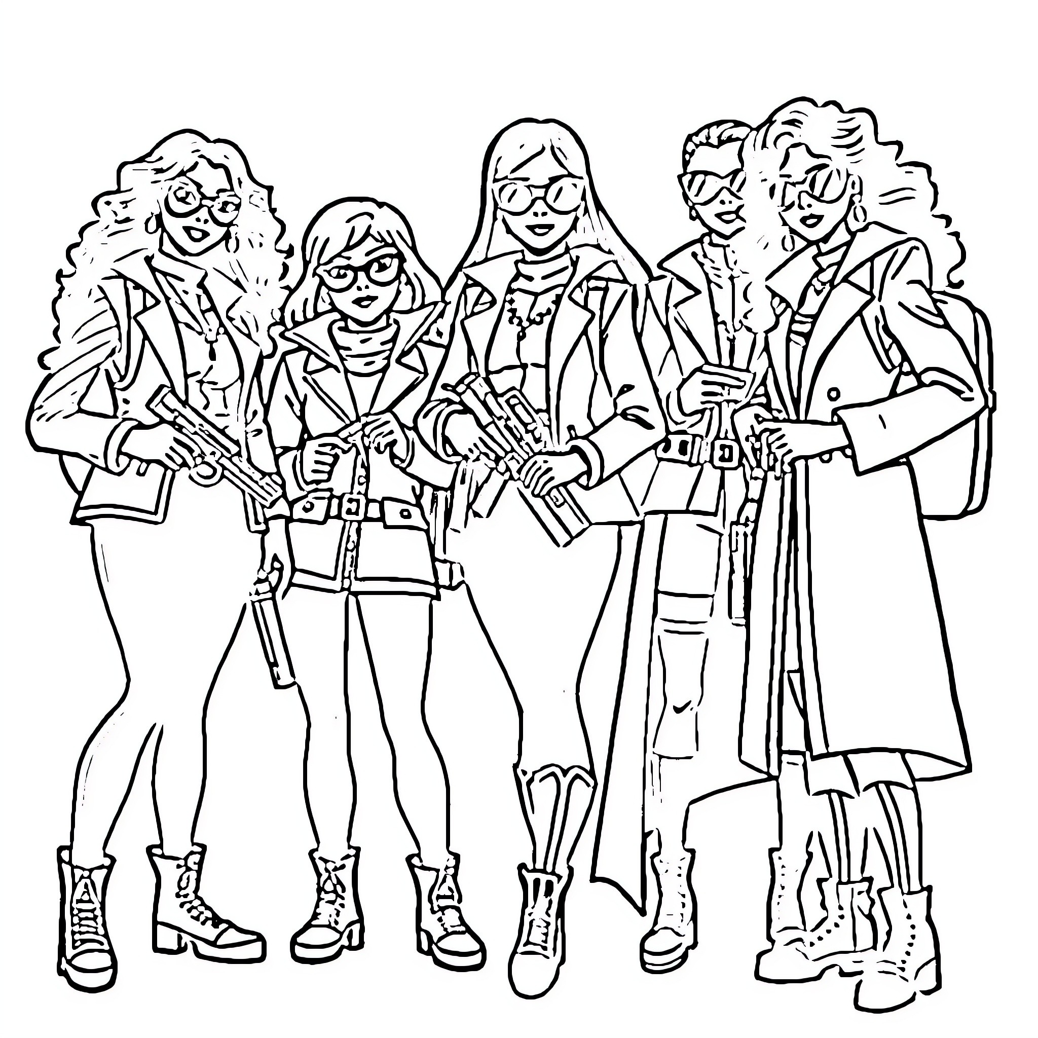 Totally Spies Covert Agents on Mission Coloring Page (free black-and-white line drawing printable PDF for all, from beginners to advanced learners, including children, teens, adults, and seniors)