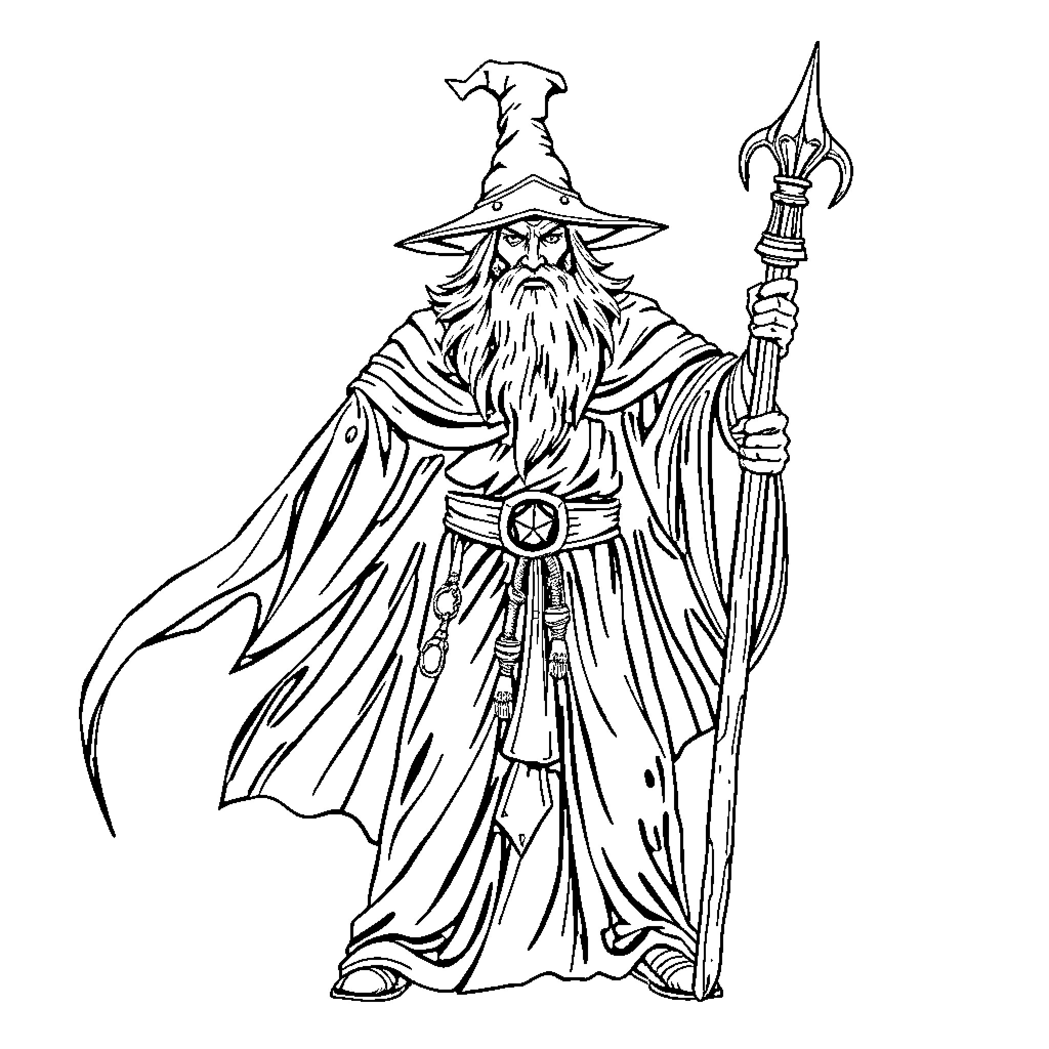 Wizard with Flowing Robes Wielding Magical Staff Coloring Page (free black-and-white line drawing printable PDF for all, from beginners to advanced learners, including children, teens, adults, and seniors)