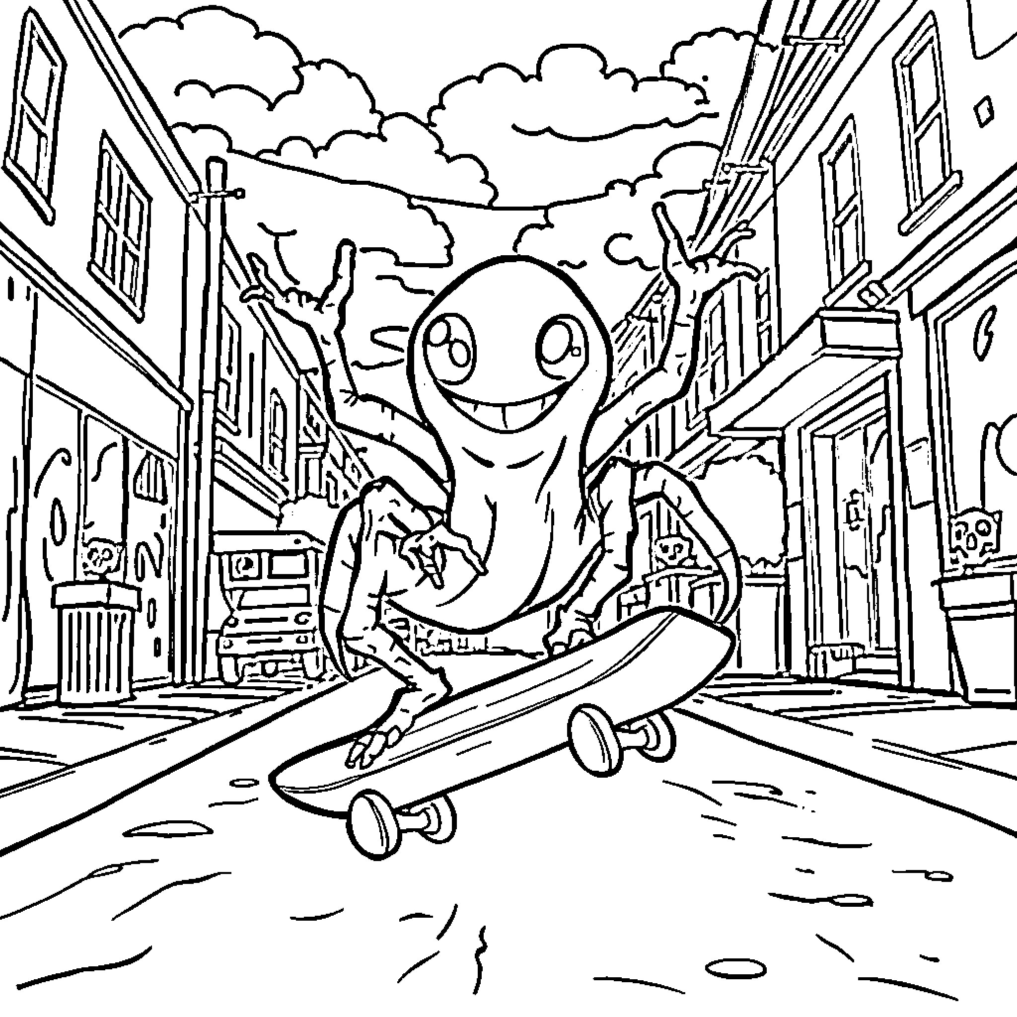 Ghost Spider riding a skateboard in the city Coloring Page (free black-and-white line drawing printable PDF for all, from beginners to advanced learners, including children, teens, adults, and seniors)