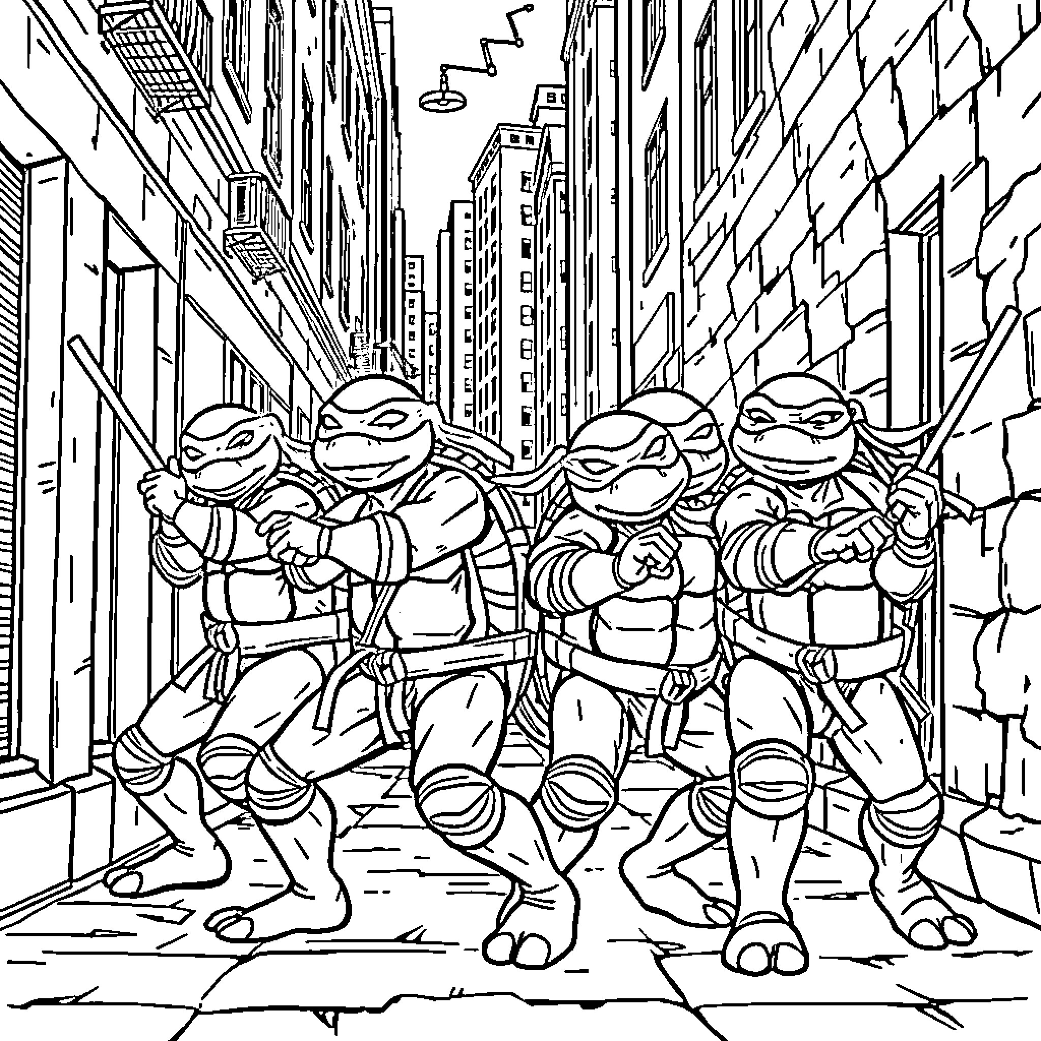 Teenage Mutant Turtles exploring the city streets Coloring Page (free black-and-white line drawing printable PDF for all, from beginners to advanced learners, including children, teens, adults, and seniors)