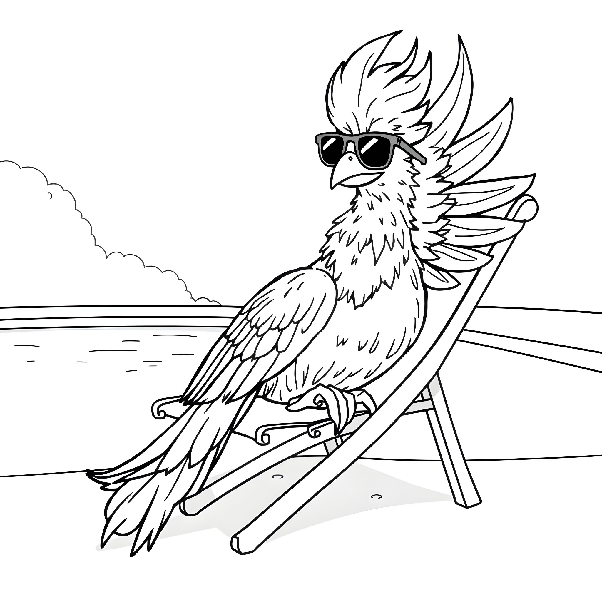 Phoenix bird in sunglasses relaxing on a beach chair Coloring Page (free black-and-white line drawing printable PDF for all, from beginners to advanced learners, including children, teens, adults, and seniors)